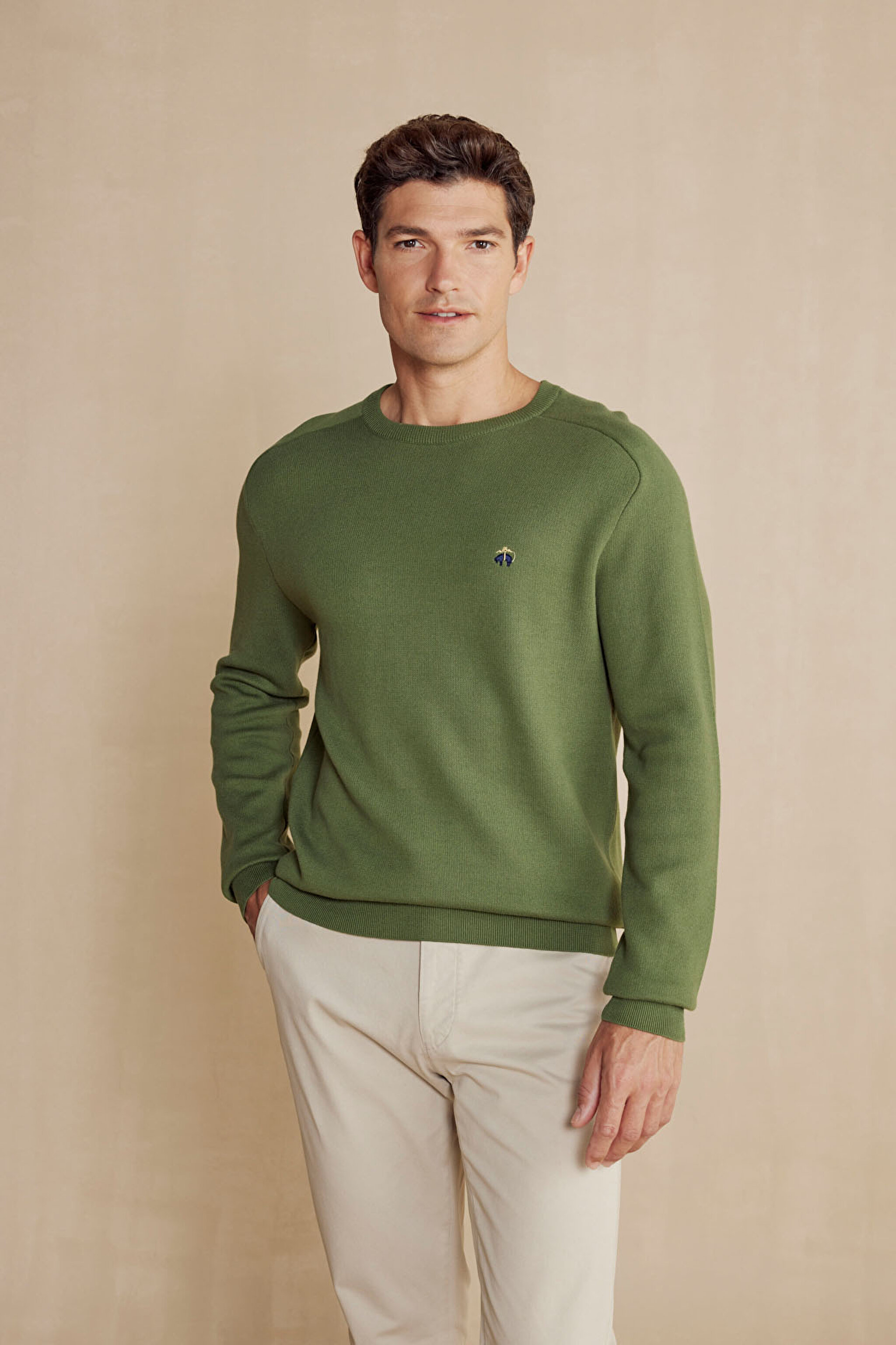 Bisiklet Yaka Pike Örgü Pamuk Erkek Kazak - Yeşil