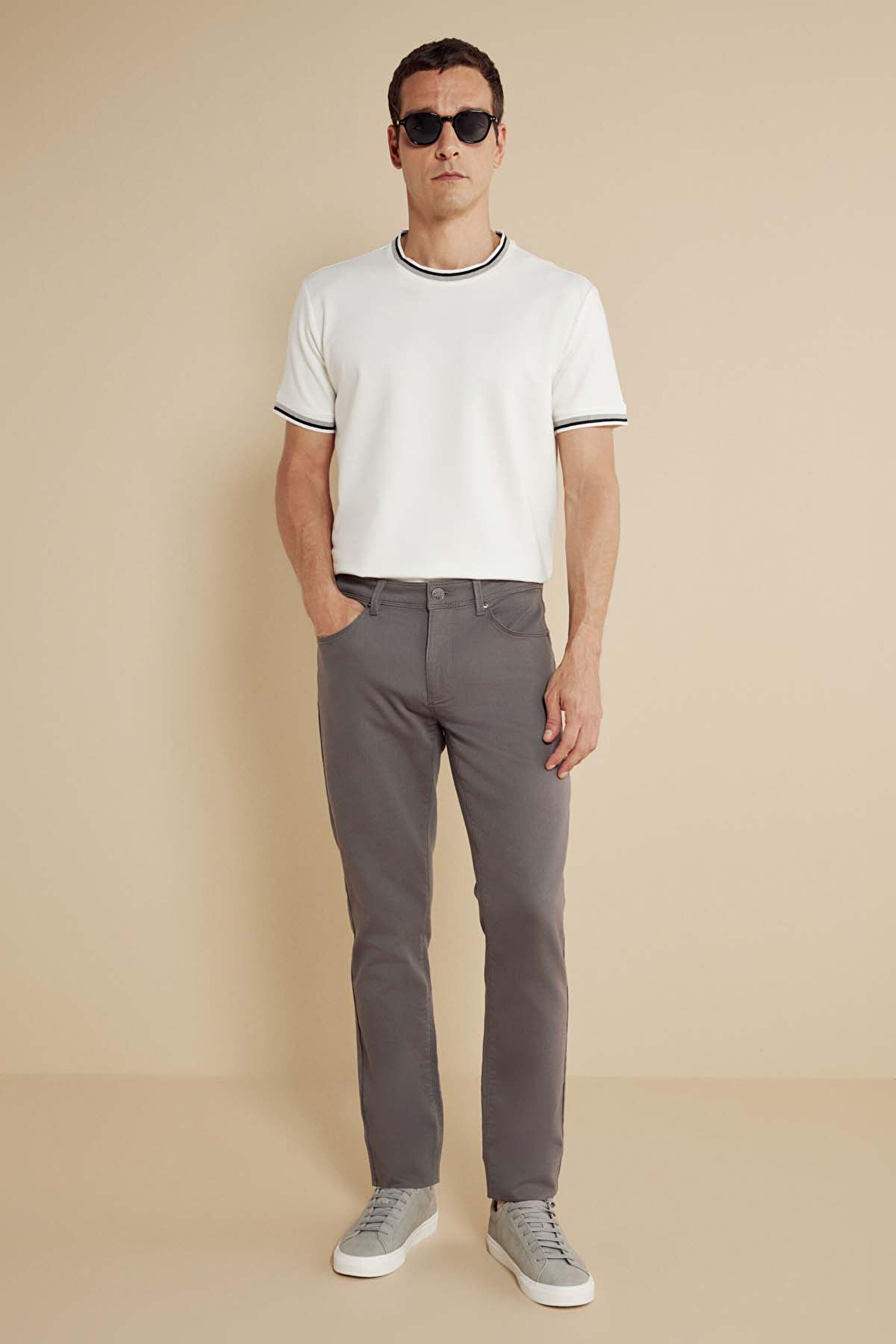 Pamuk Karışımlı Normal Bel Slim Fit Düz Paça 5 Cepli Pantolon - Gri
