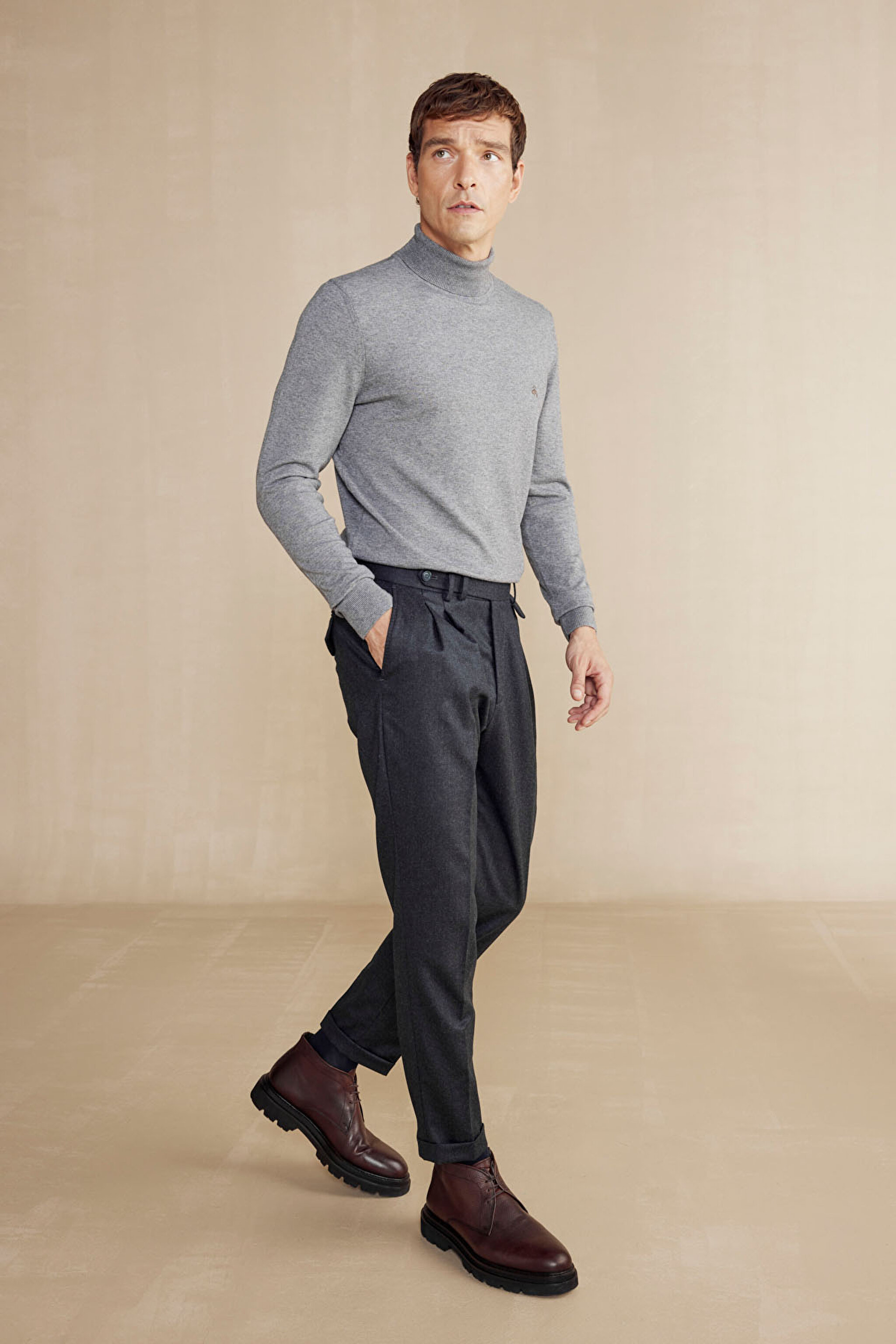 100% Yün Standart Fit Erkek Pantolon - Antrasit (görsel 2)