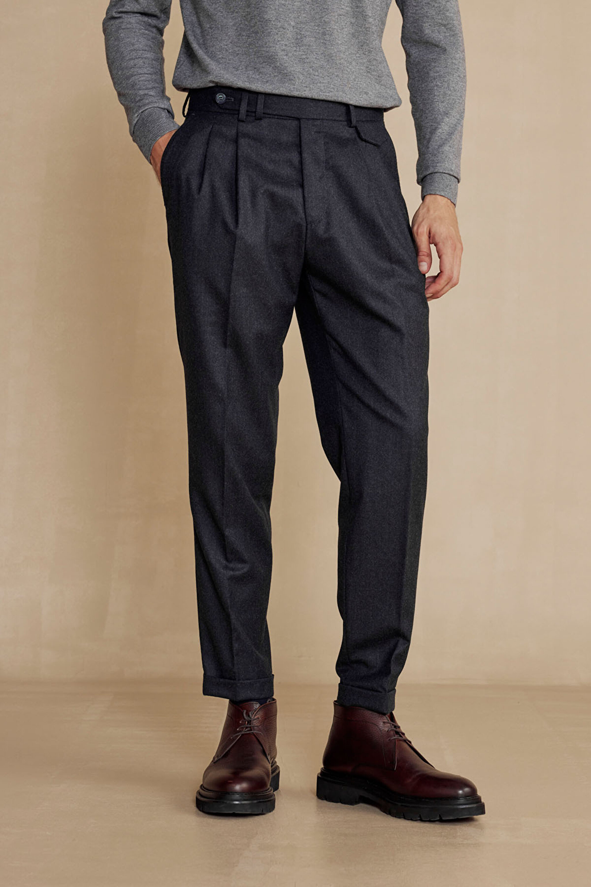100% Yün Standart Fit Erkek Pantolon - Antrasit (görsel 3)