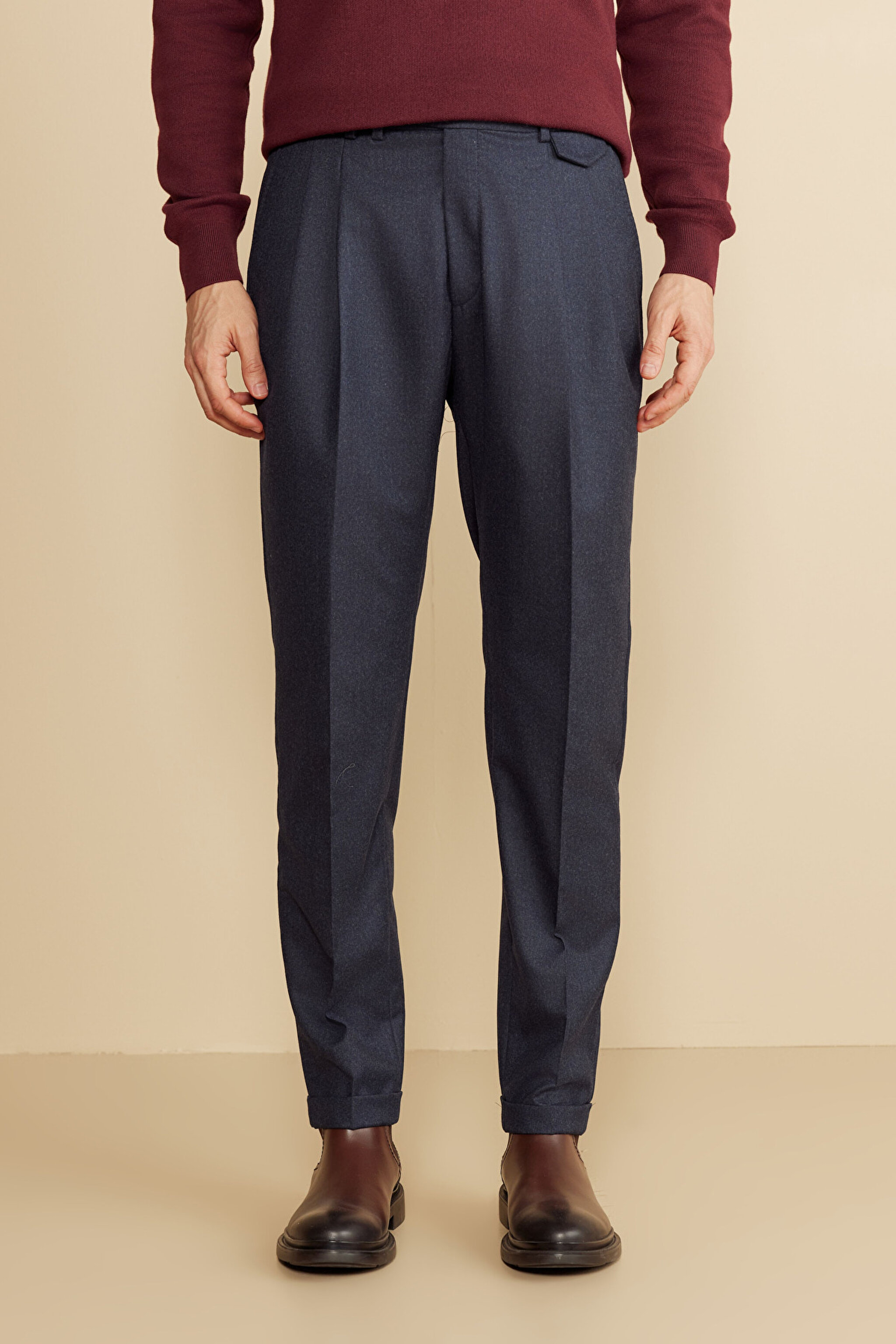 100% Yün Standart Fit Erkek Pantolon - Lacivert (görsel 3)