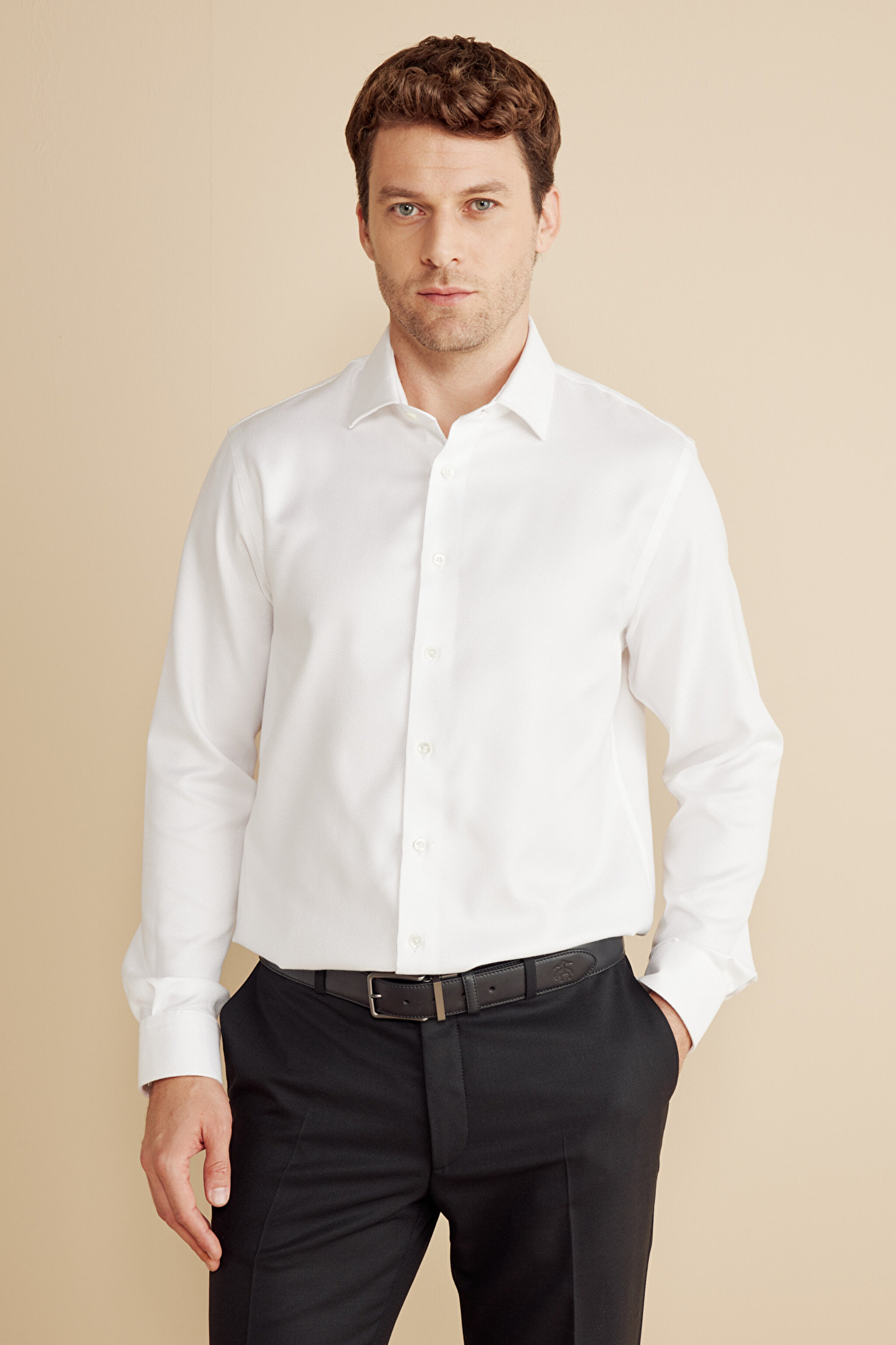 %100 Pamuk Slim Fit İtalyan Yaka Gömlek - Beyaz