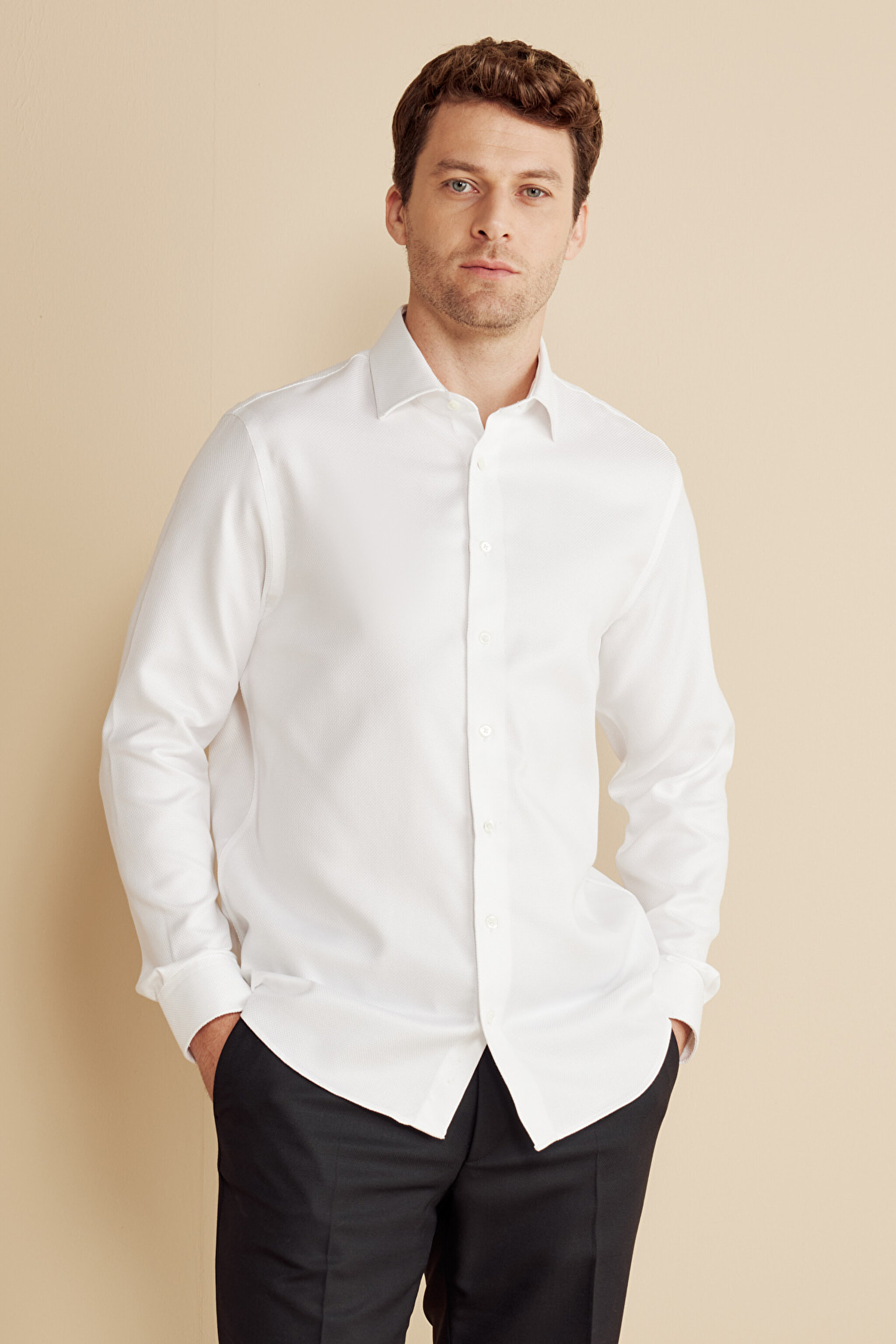 %100 Pamuk Slim Fit İtalyan Yaka Gömlek - Beyaz (görsel 4)