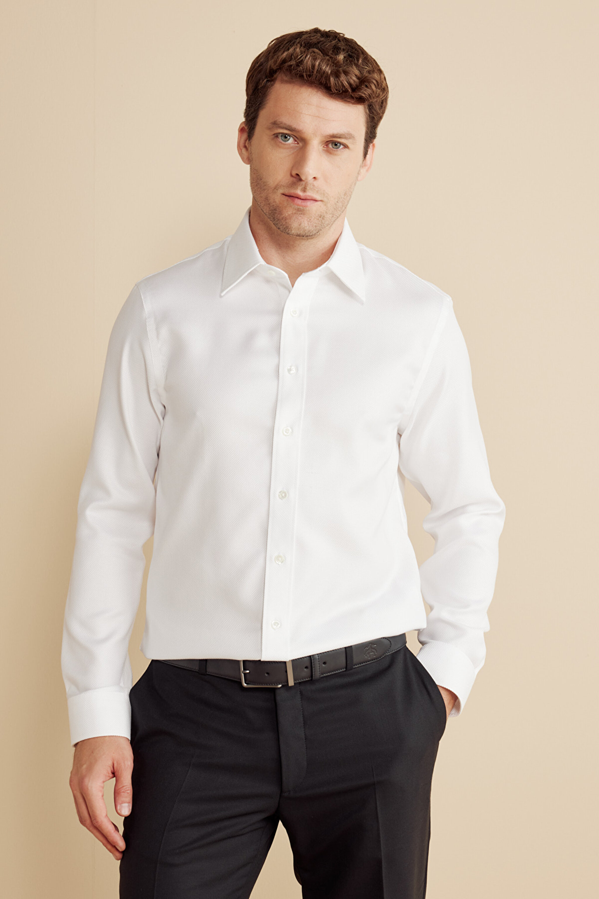 %100 Pamuk Slim Fit Klasik Yaka Gömlek - Beyaz