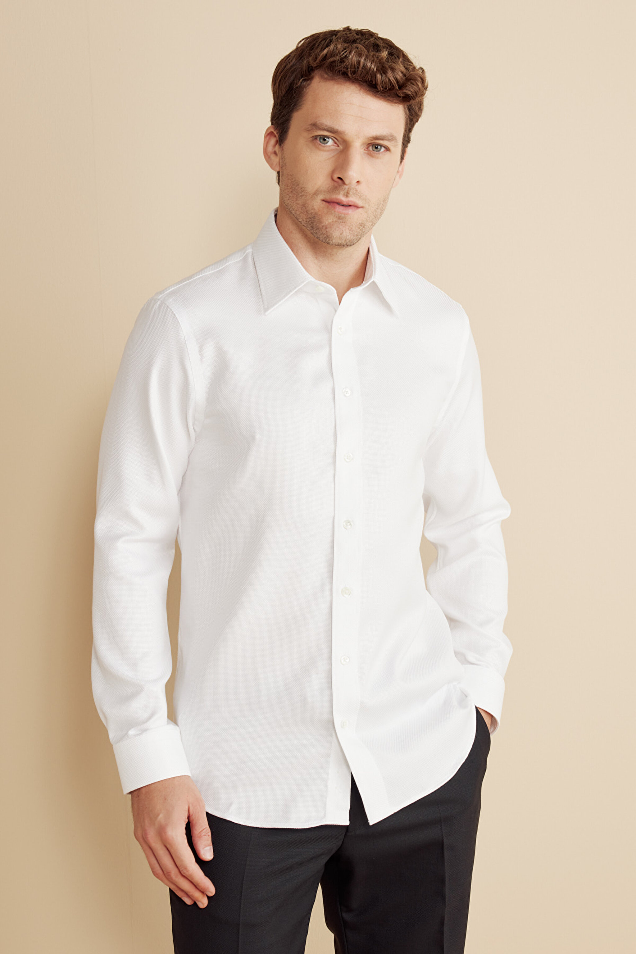 %100 Pamuk Slim Fit Klasik Yaka Gömlek - Beyaz (görsel 2)