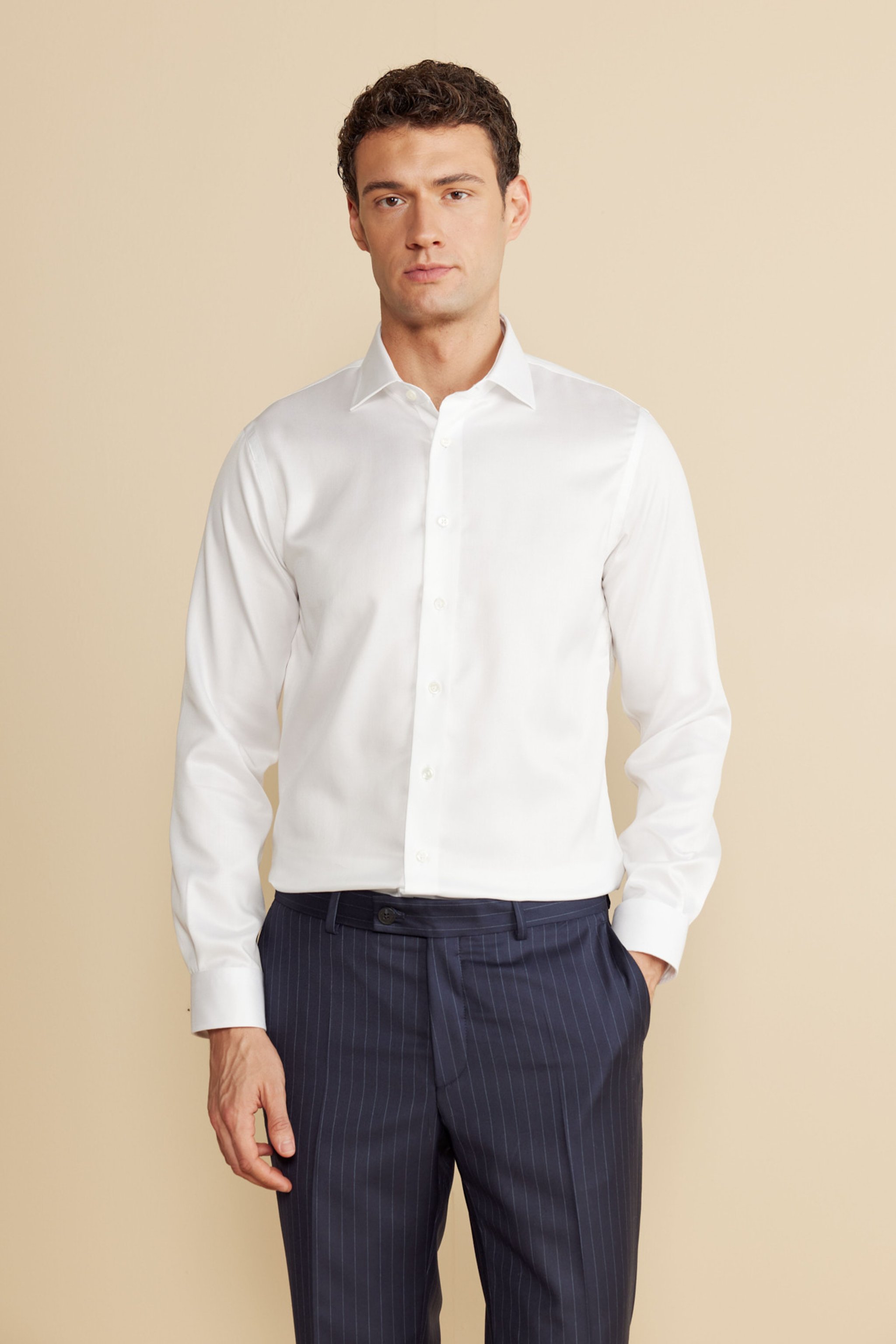 %100 Pamuk Balıksırtı Slim Fit Klasik Yaka Gömlek - Beyaz (görsel 2)