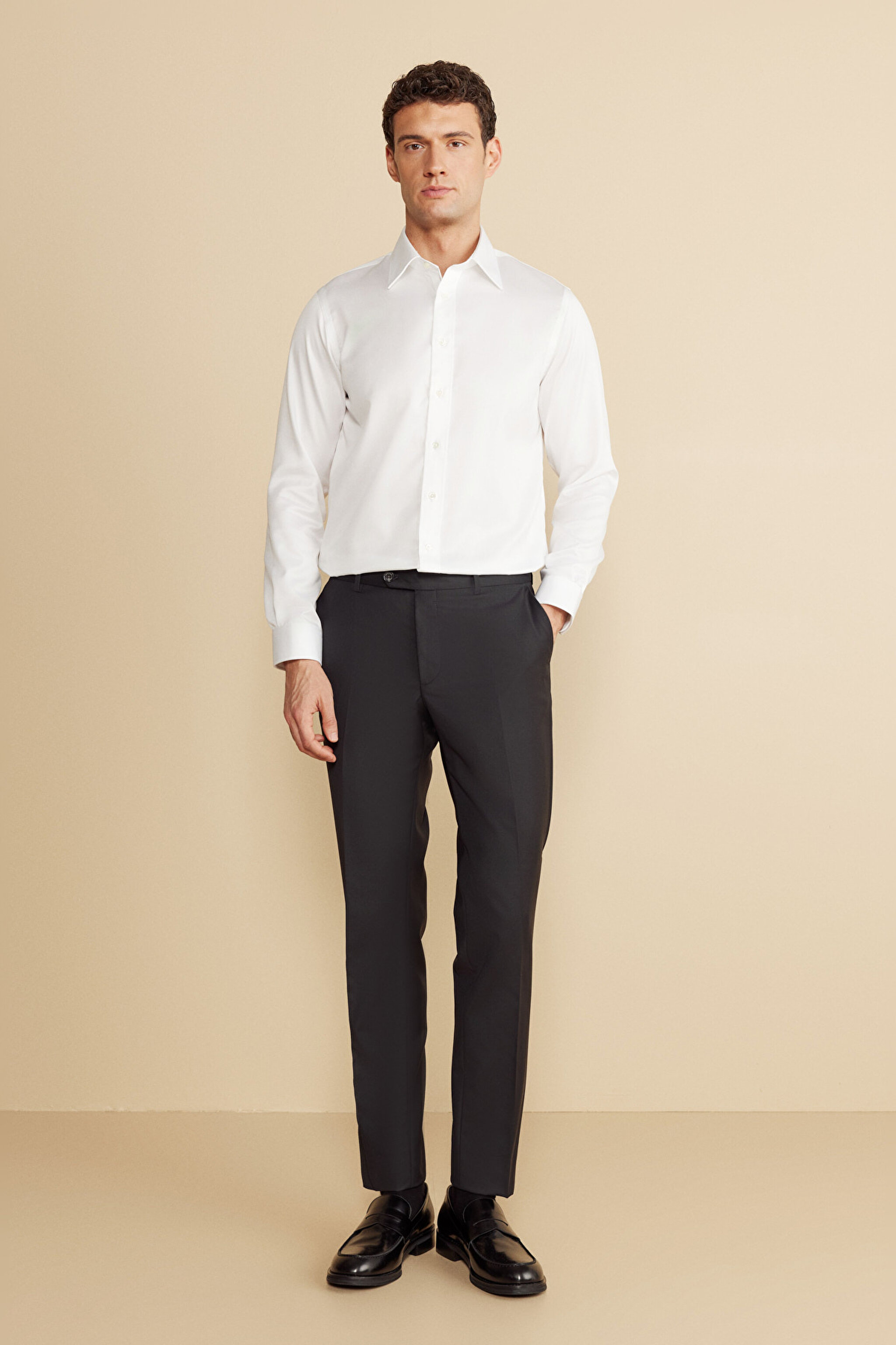 %100 Pamuk Gabardin Slim Fit Klasik Yaka Gömlek - Beyaz (görsel 3)