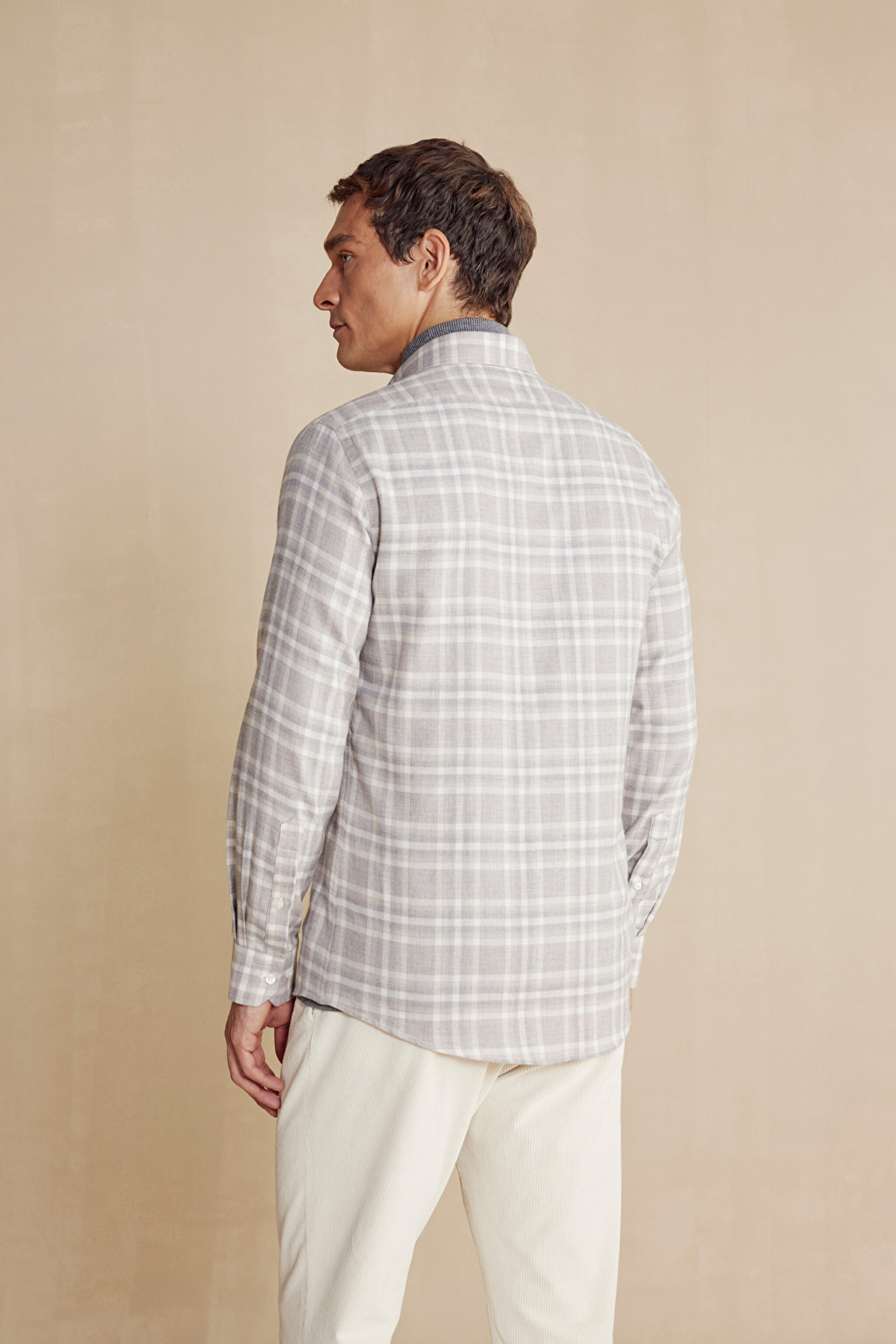 Yün Karışımlı Slim Fit Düğmeli Yaka Ekoseli Gömlek - Gri-Bej (görsel 5)