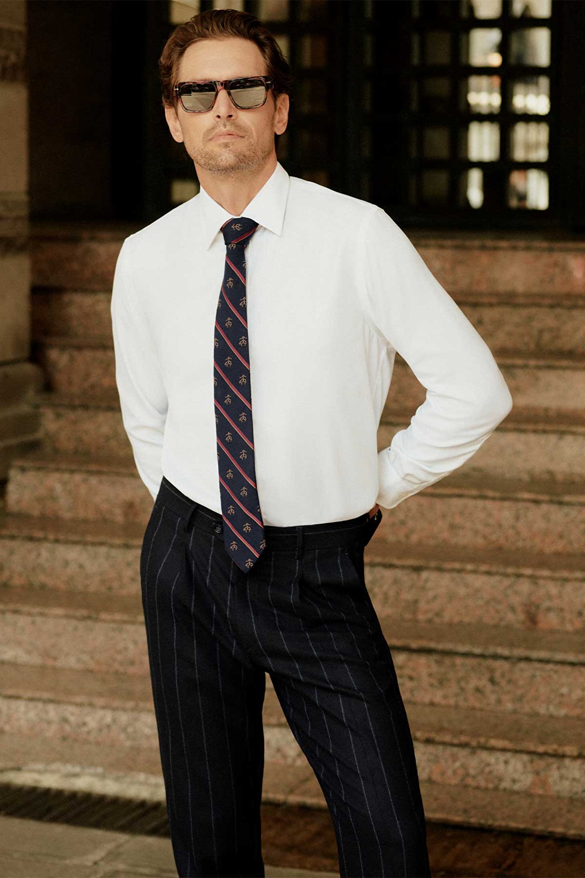 Mono Yaka Slim Fit Yün Erkek Takım Elbise - Lacivert Çizgili (görsel 2)