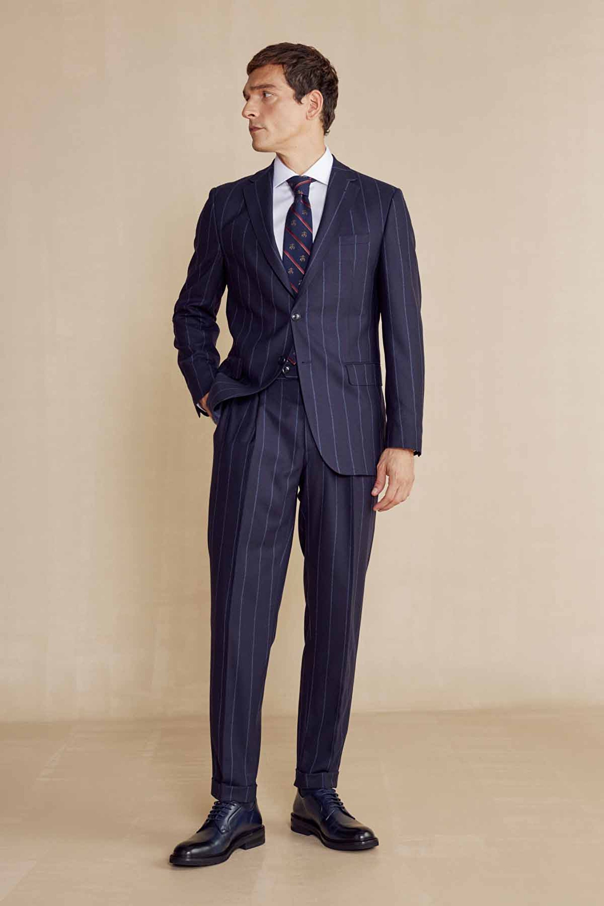 Mono Yaka Slim Fit Yün Erkek Takım Elbise - Lacivert Çizgili (görsel 7)
