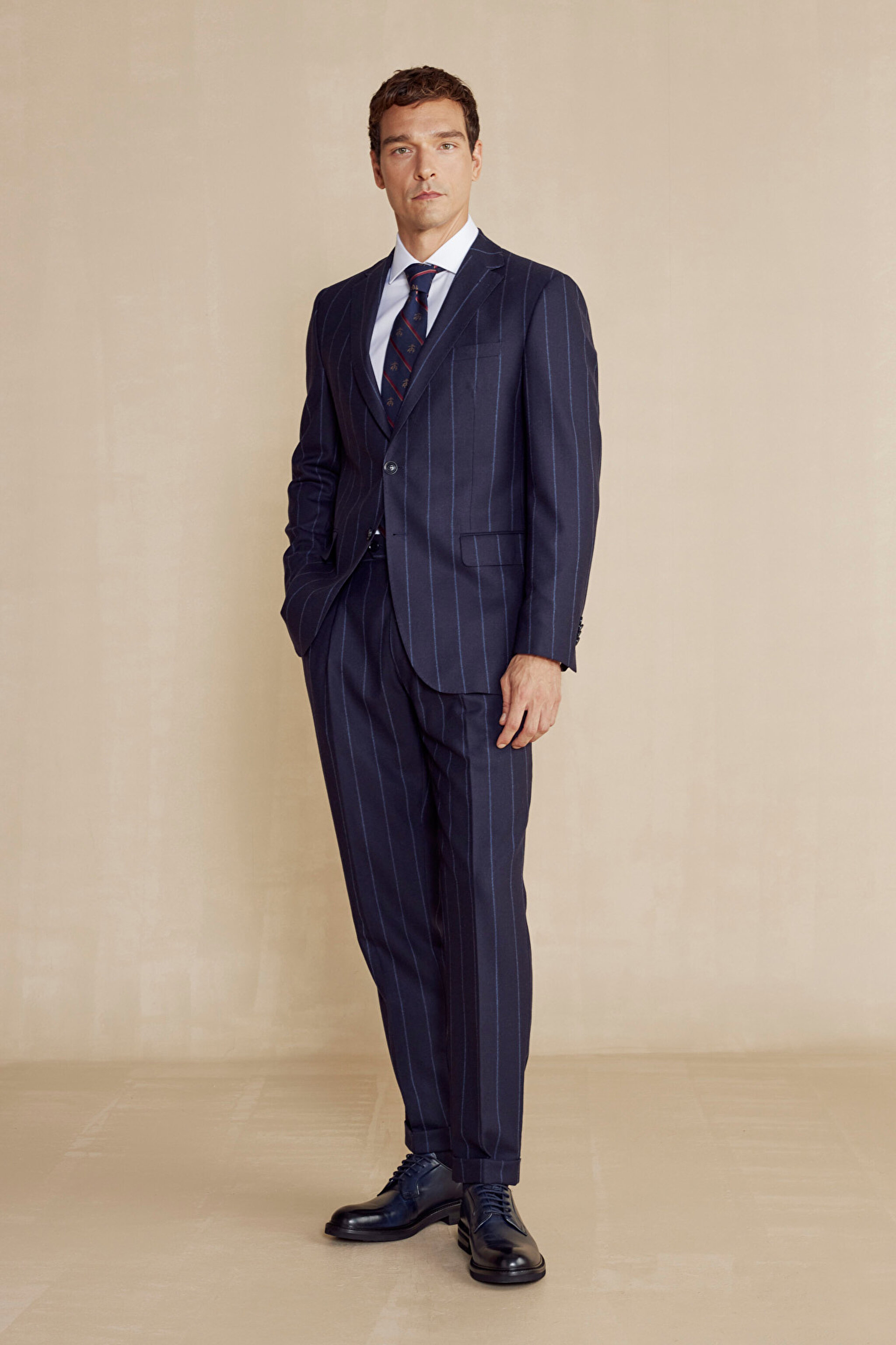 Mono Yaka Slim Fit Yün Erkek Takım Elbise - Lacivert Çizgili (görsel 8)