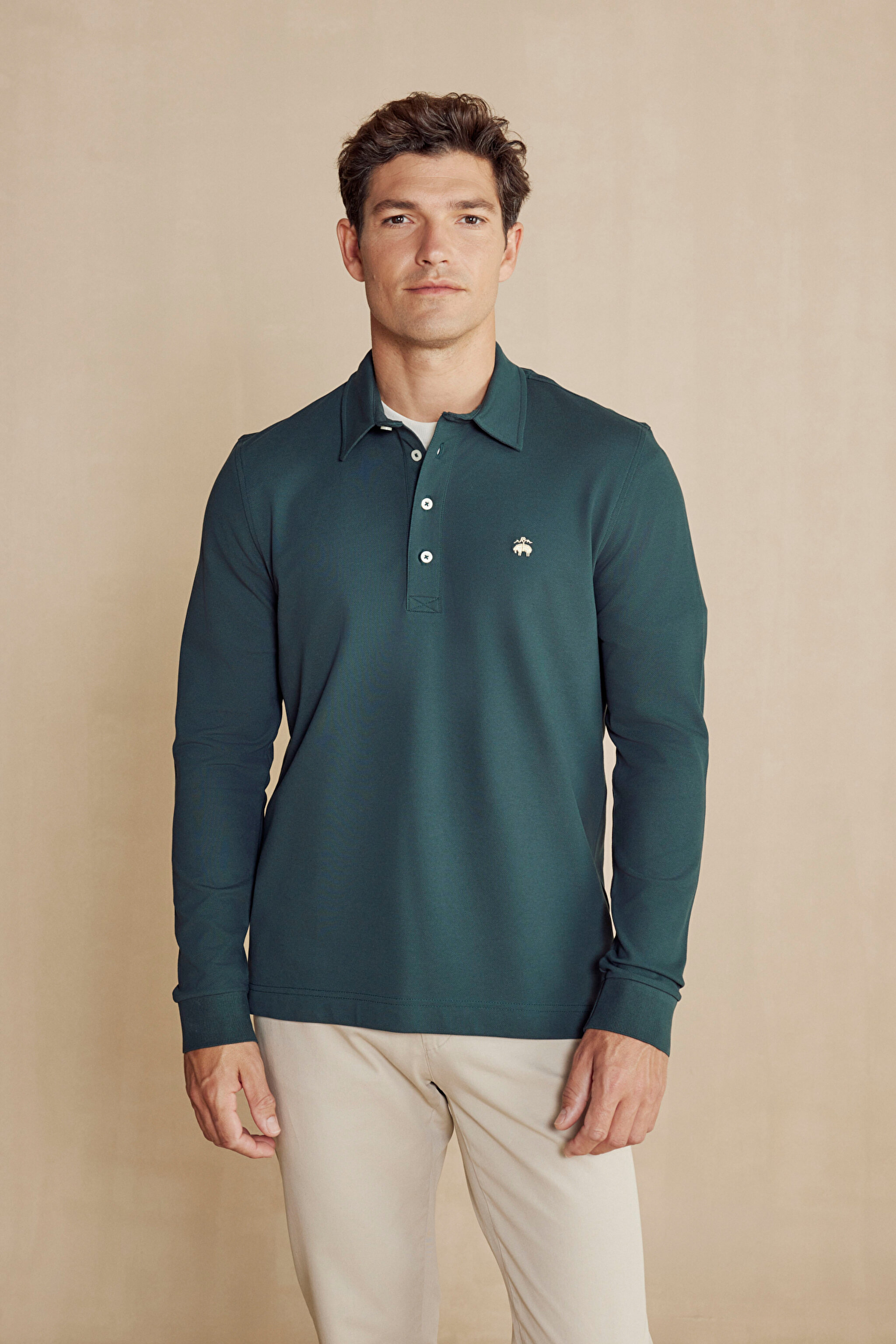 Uzun Kollu Polo Yaka T-Shirt - Koyu Yeşil (görsel 3)