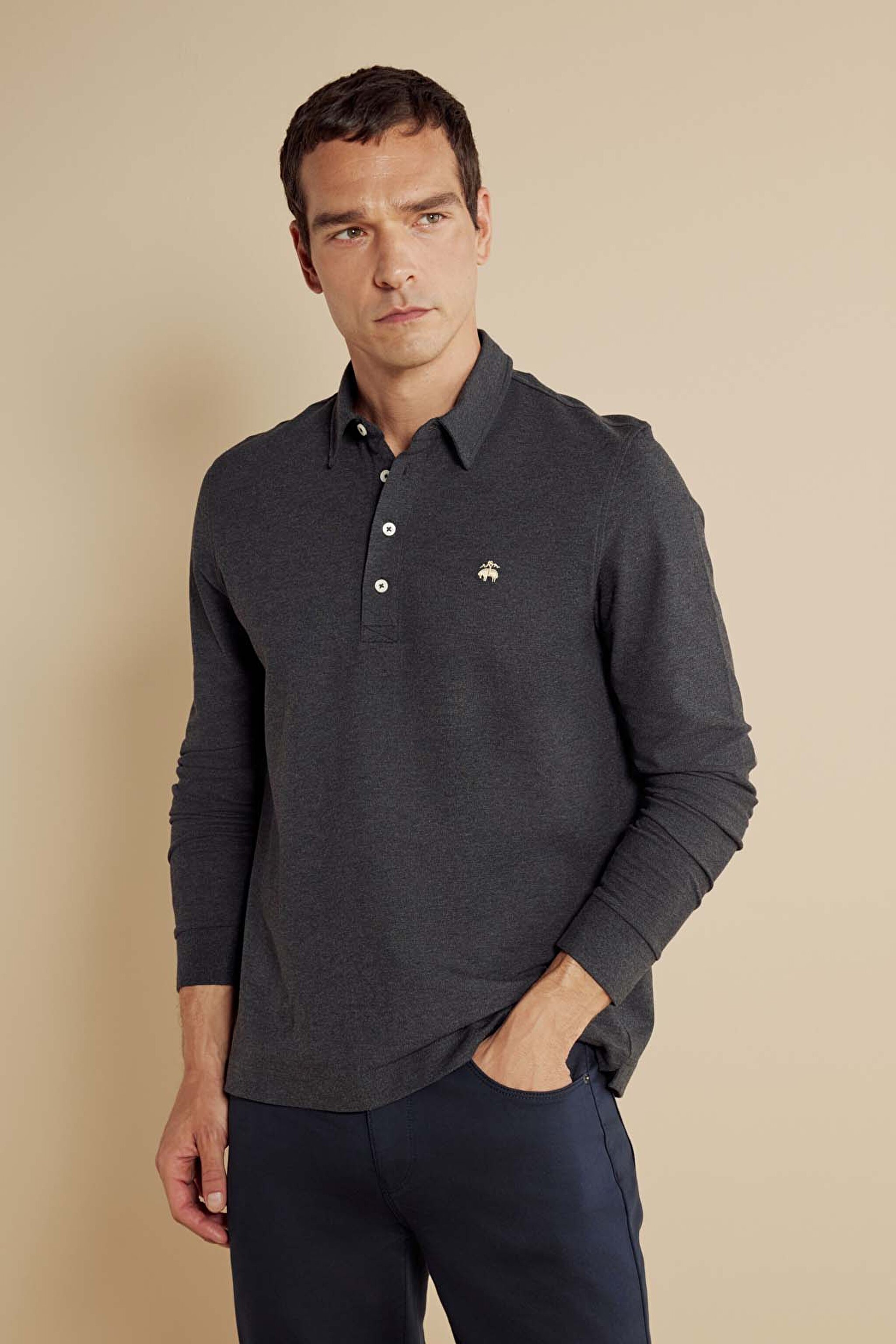  Pamuk Karışımlı Uzun Kollu Pike Polo Yaka Tshirt - Antrasit Melanj