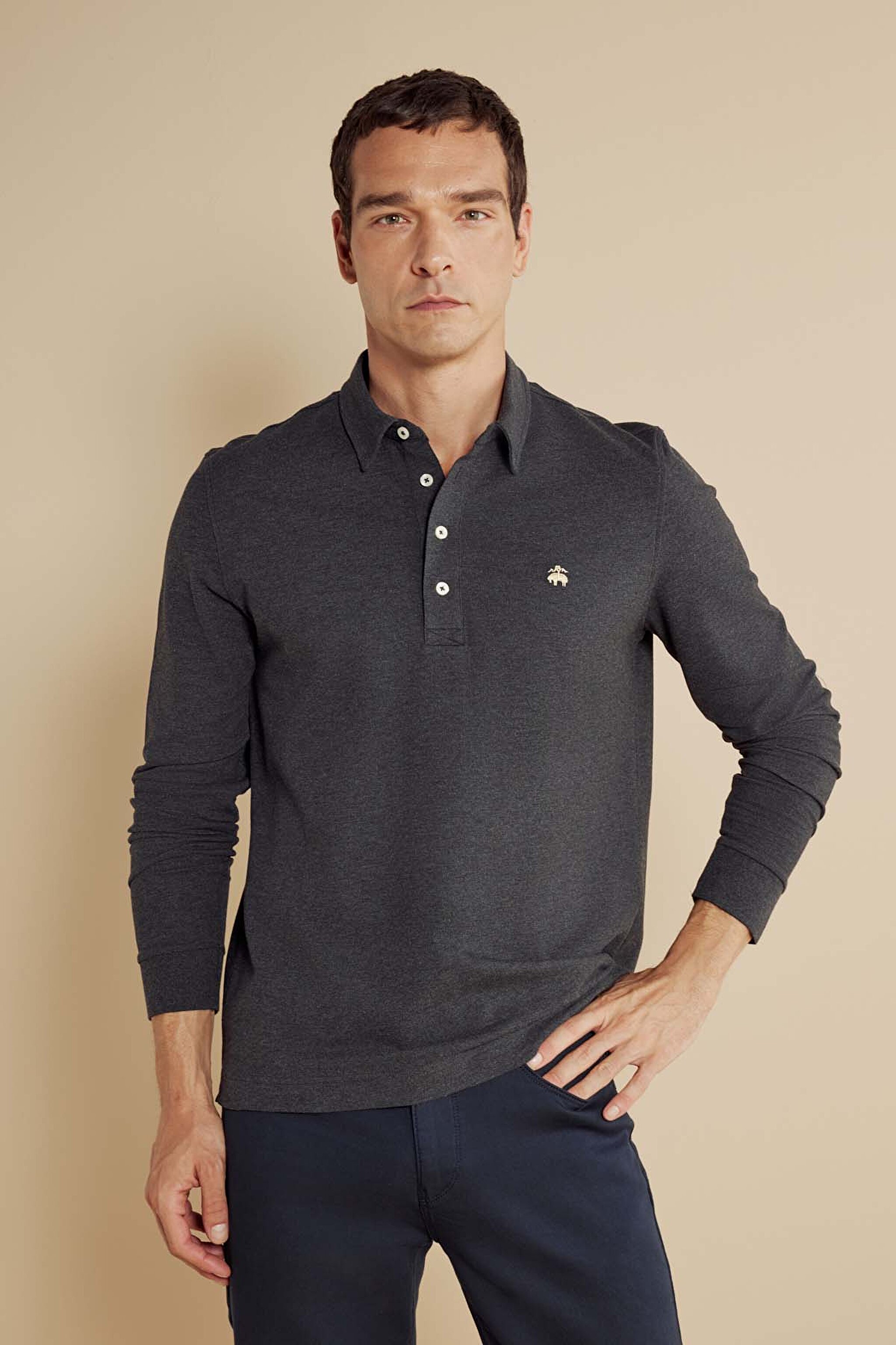  Pamuk Karışımlı Uzun Kollu Pike Polo Yaka Tshirt - Antrasit Melanj (görsel 2)