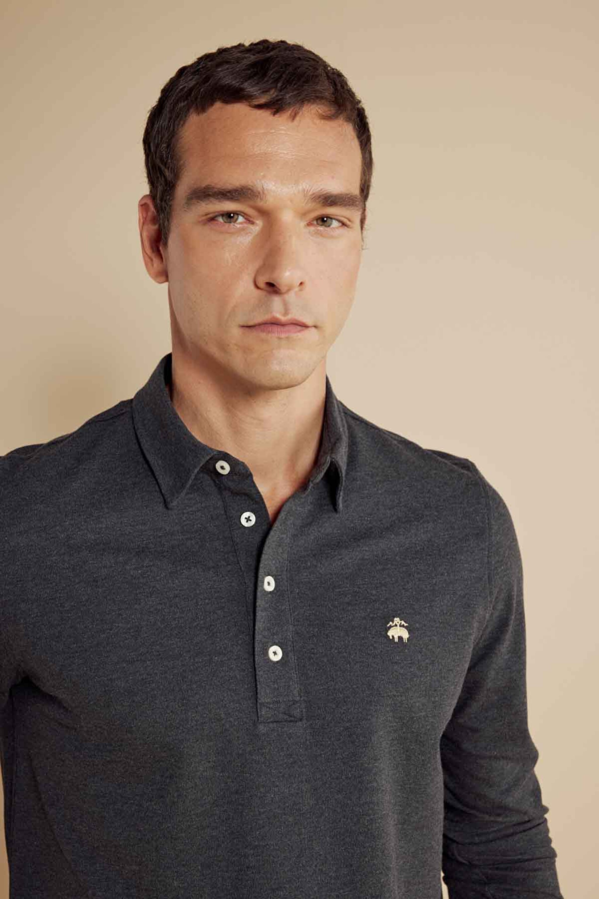  Pamuk Karışımlı Uzun Kollu Pike Polo Yaka Tshirt - Antrasit Melanj (görsel 5)