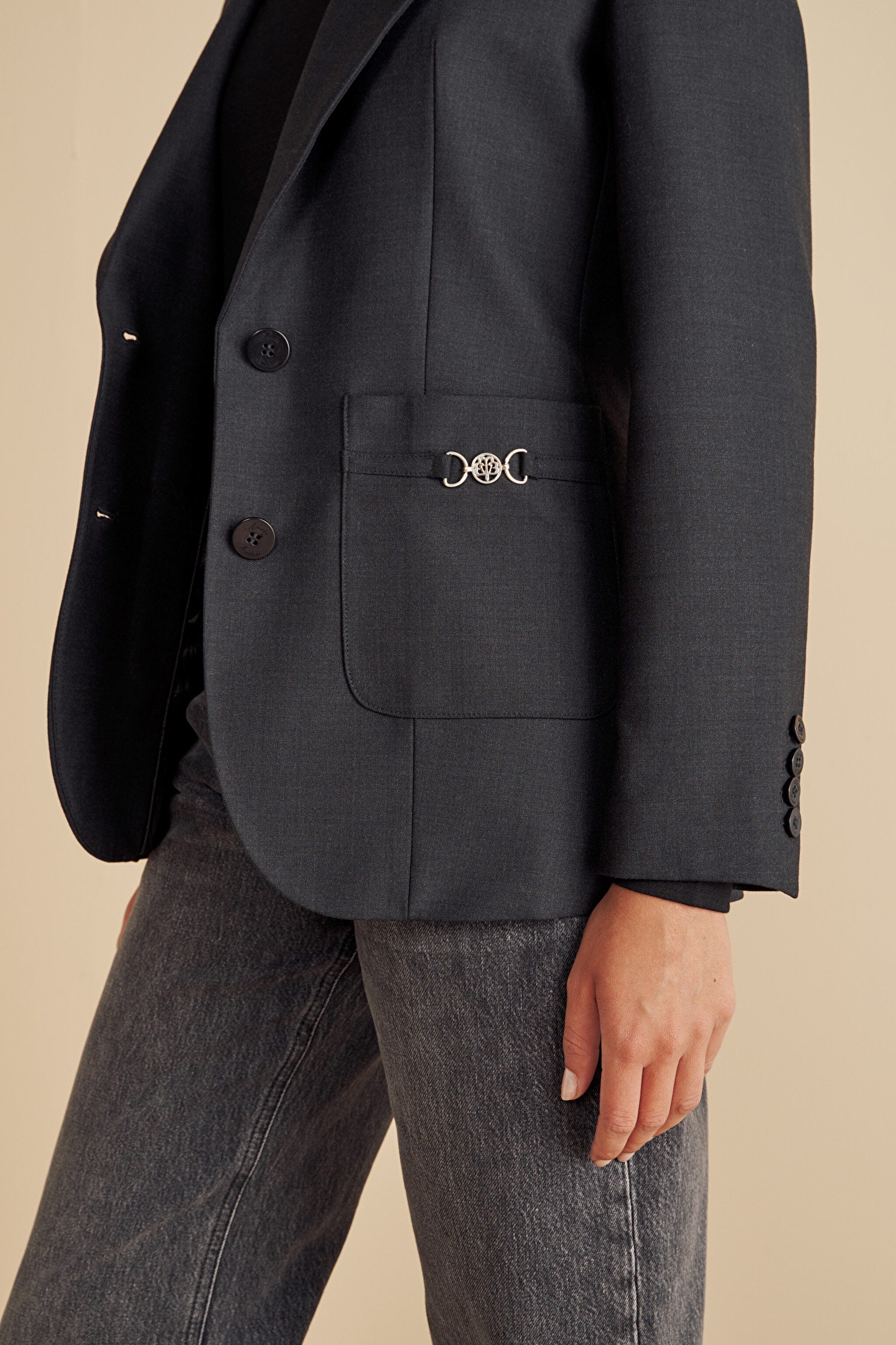 Yün Karışımlı Logo Toka Detaylı Blazer - Antrasit (görsel 6)