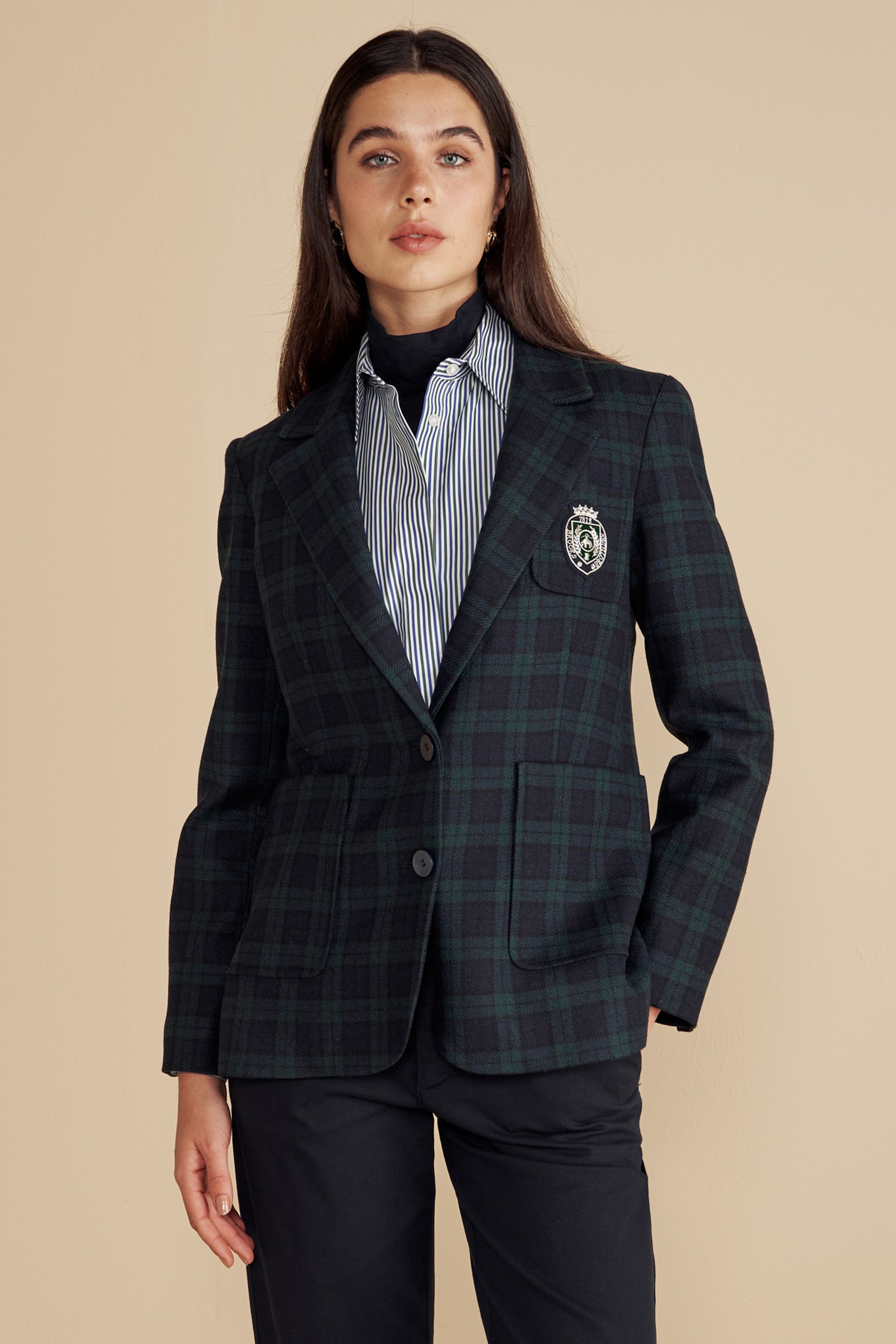 Yün Karışımlı Ekose Desenli Tel Kırma Logolu Mono Blazer - Yeşil-Lacivert (görsel 2)