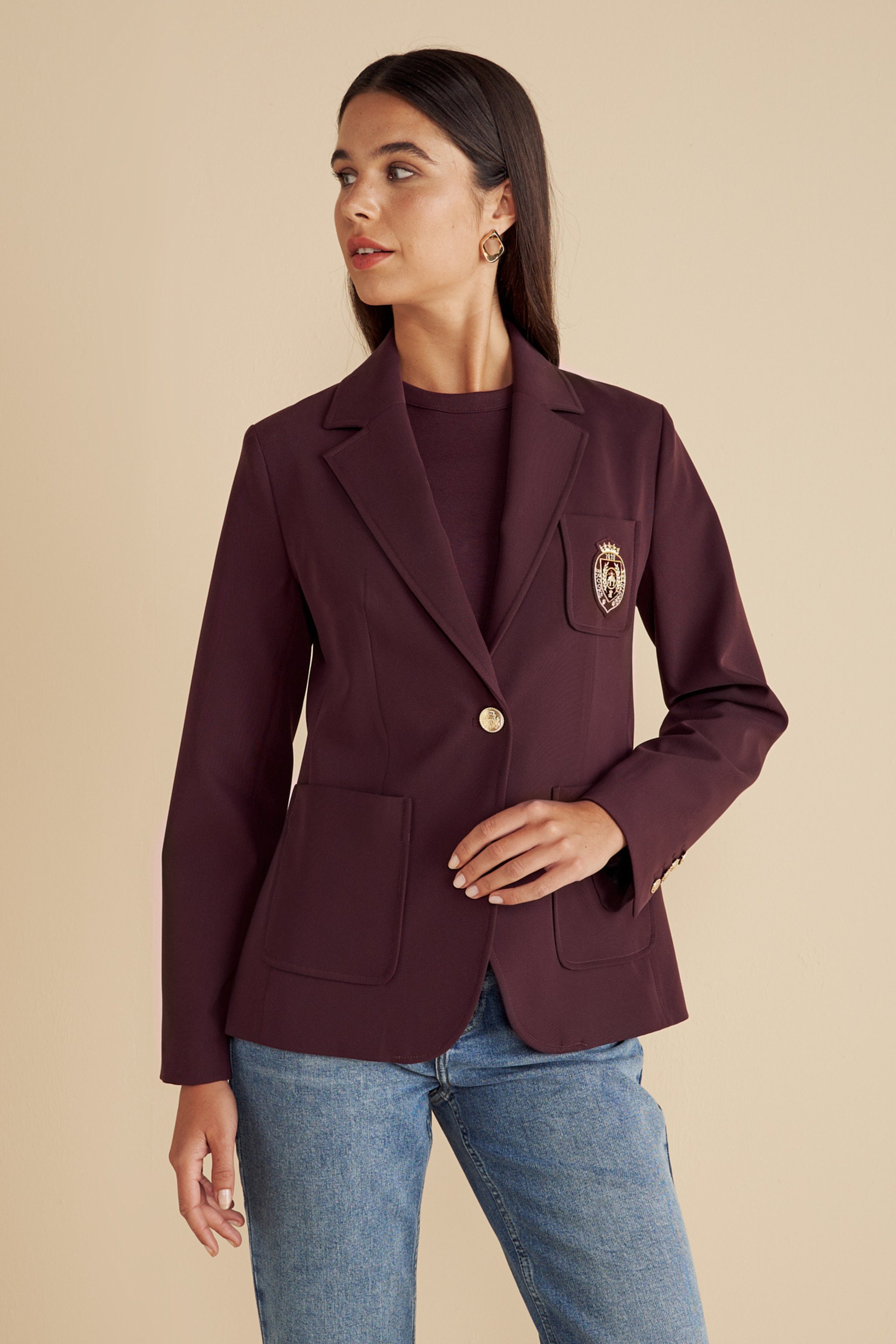 Tel Kırma Logolu Mono Kapama Blazer - Bordo (görsel 3)