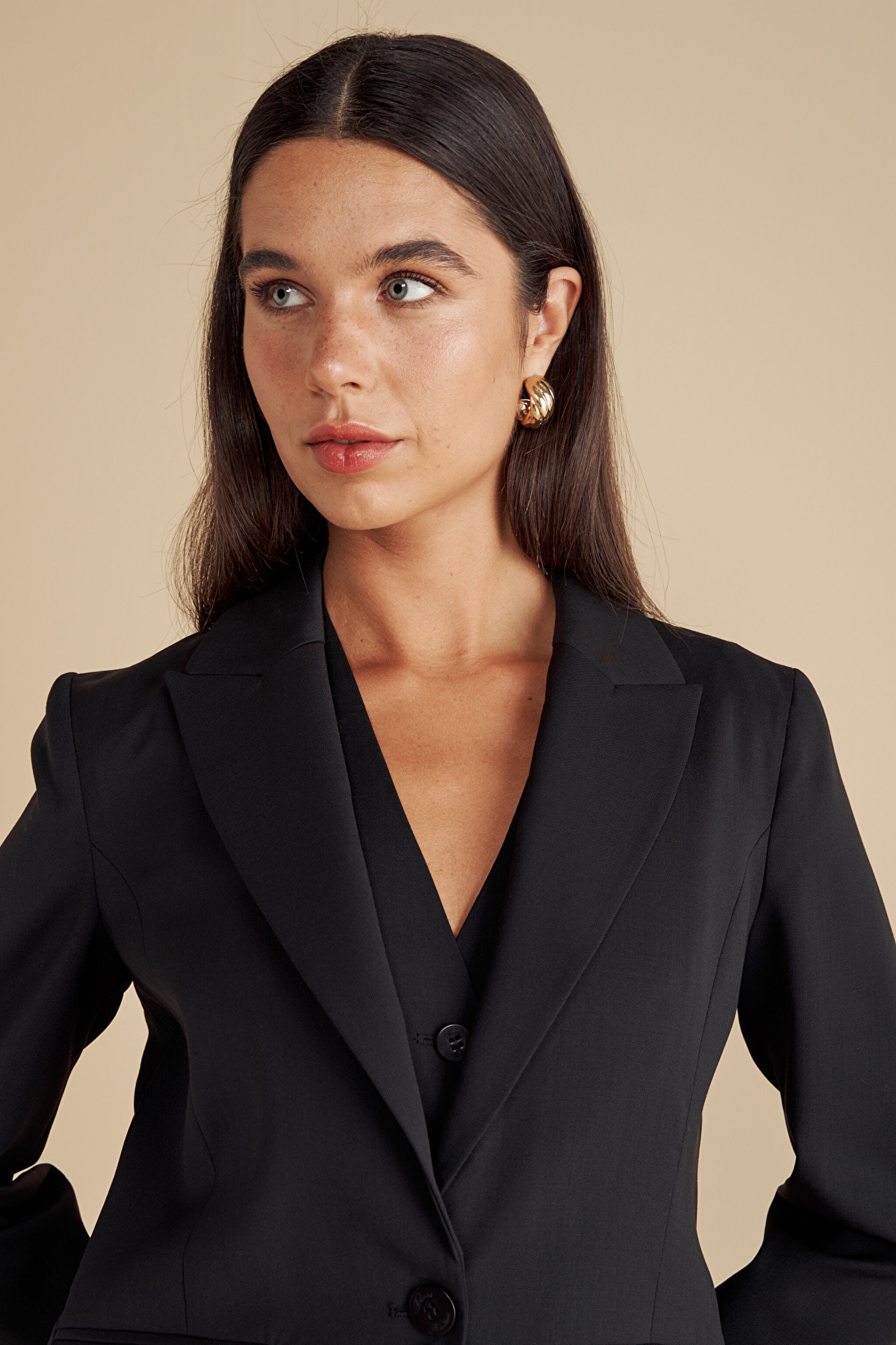 %100 Yün Mono Kapama  Blazer - Siyah (görsel 6)