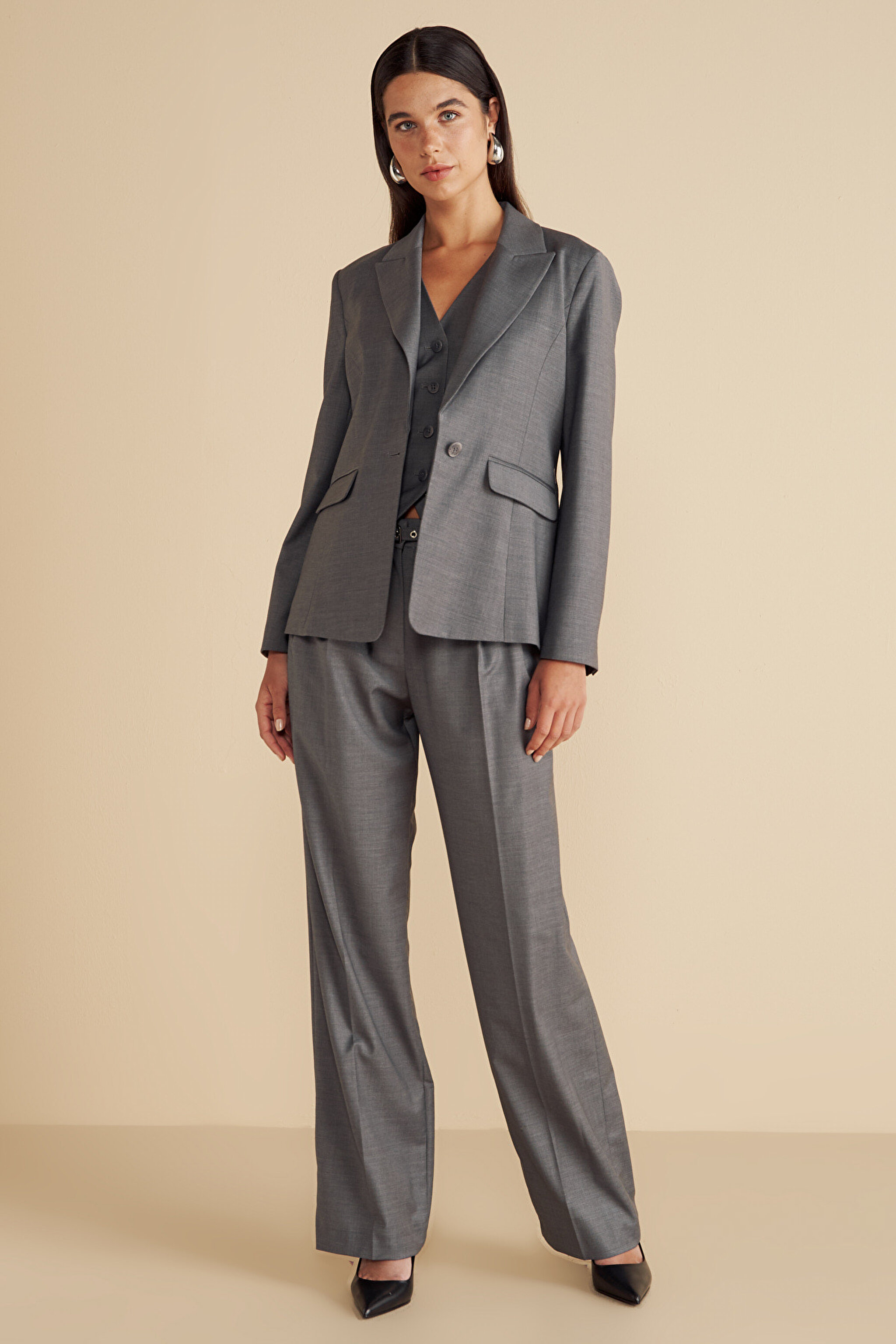 Yün Karışımlı Mono Kapama Yün Blazer - Gri (görsel 3)