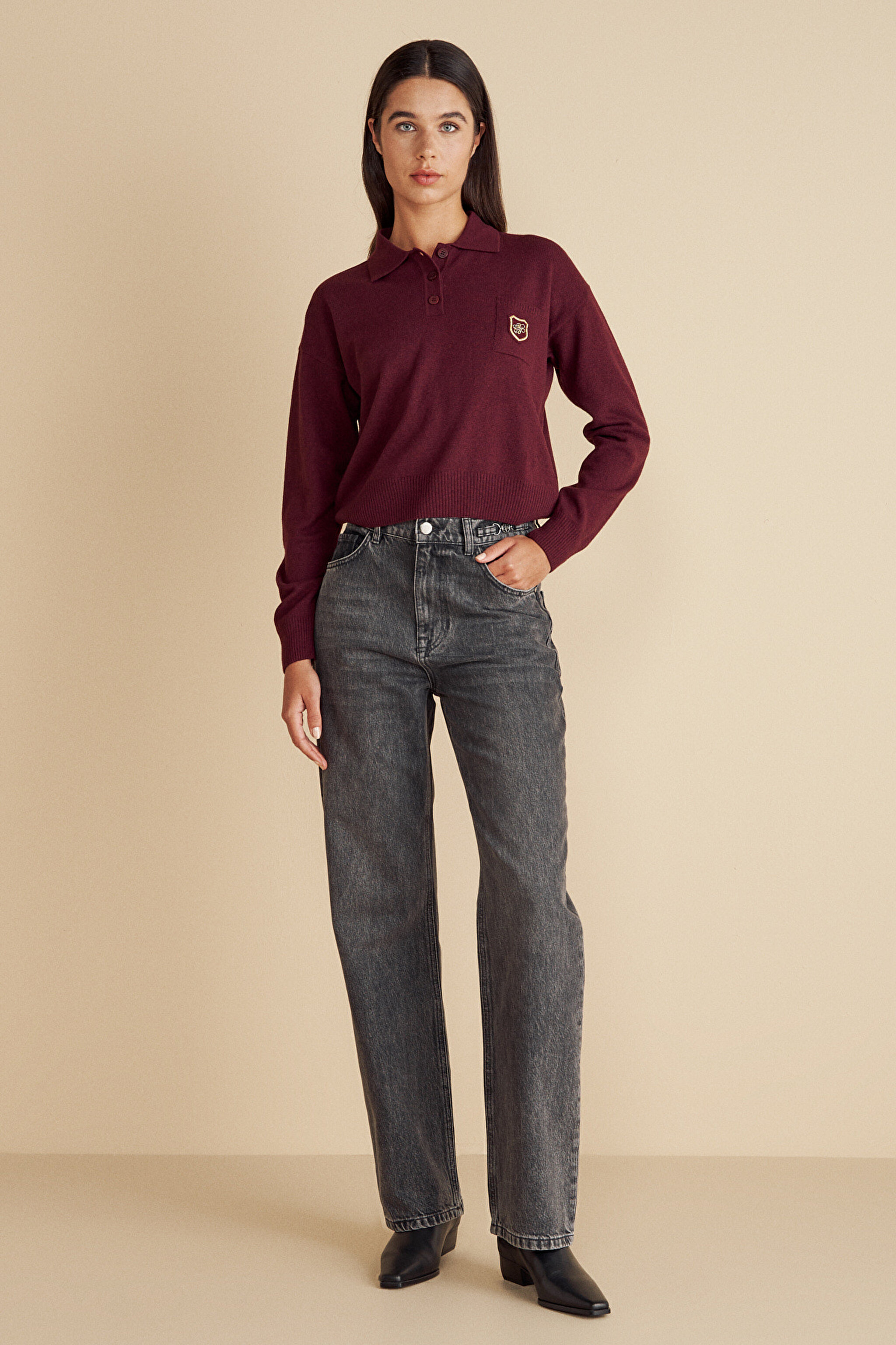 Pamuk Karışımlı Metal Toka Detaylı Straight Fit Denim Pantolon - Antrasit