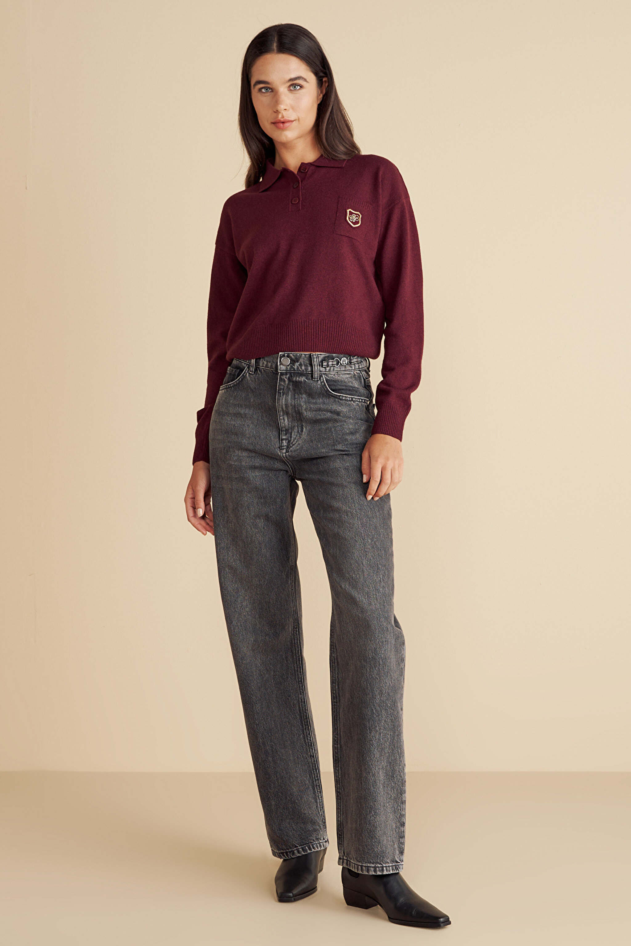 Pamuk Karışımlı Metal Toka Detaylı Straight Fit Denim Pantolon - Antrasit (görsel 2)