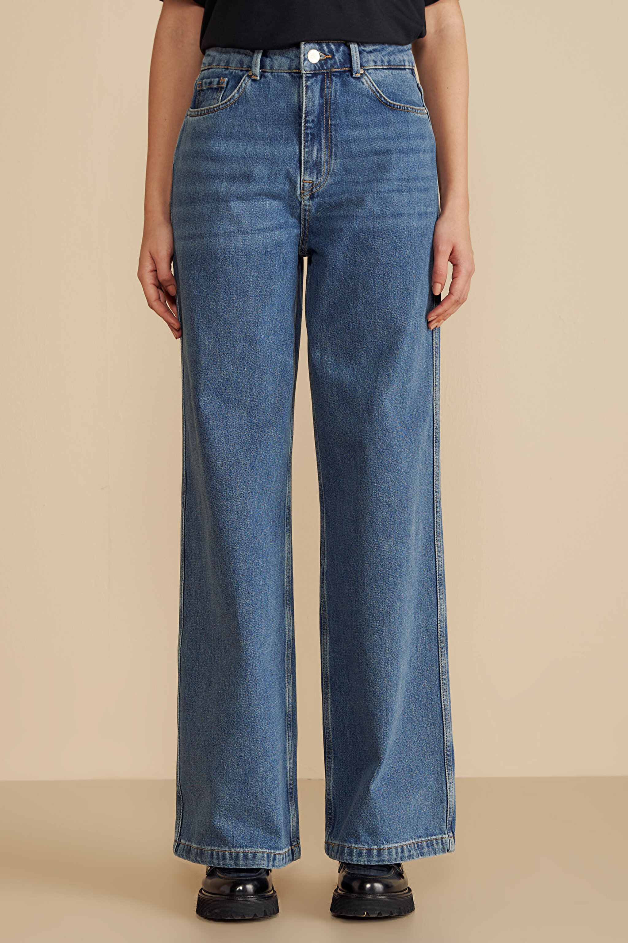 %100 Pamuk Yüksek Bel Wide Leg Denim Pantolon - Mavi (görsel 3)