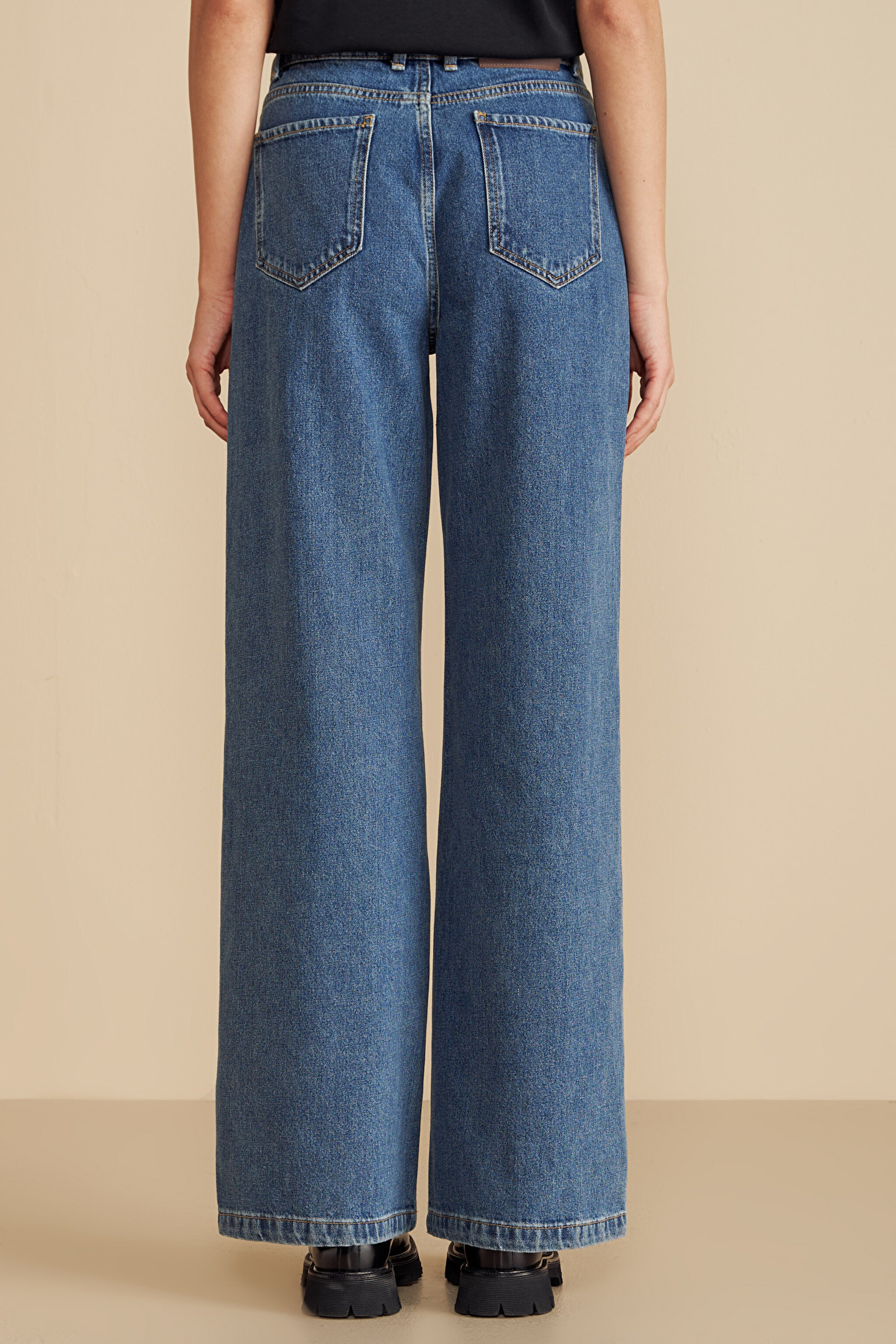 %100 Pamuk Yüksek Bel Wide Leg Denim Pantolon - Mavi (görsel 4)