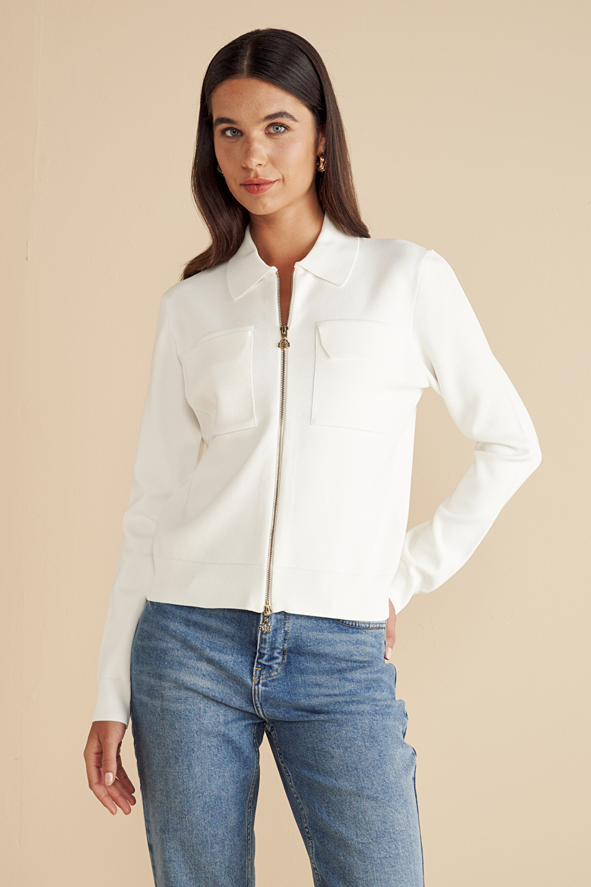 P. Y. Metal Fermuarlı Cepli Rayon Triko Ceket - Ekru