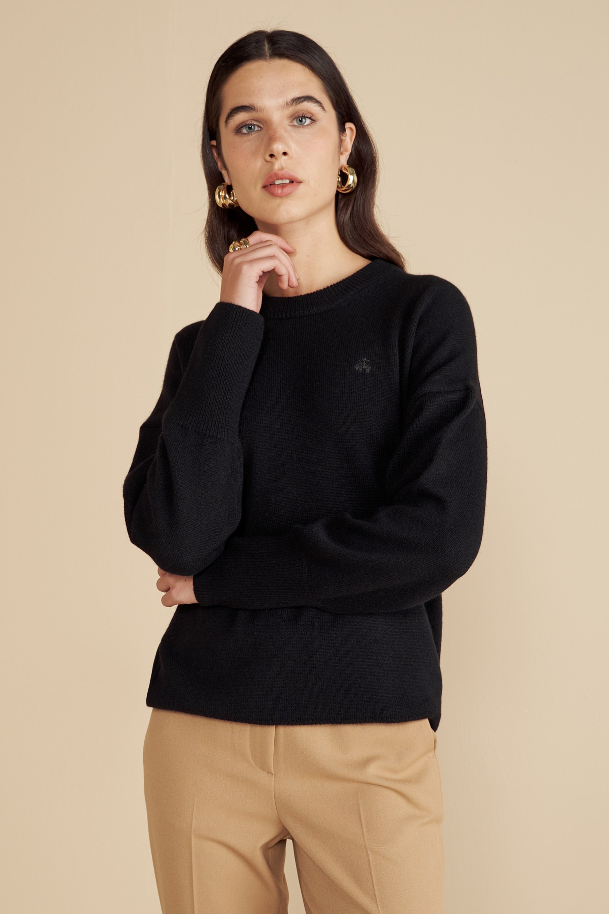 %100 Kaşmir Bisiklet Yaka Oversize Kazak - Siyah (görsel 2)