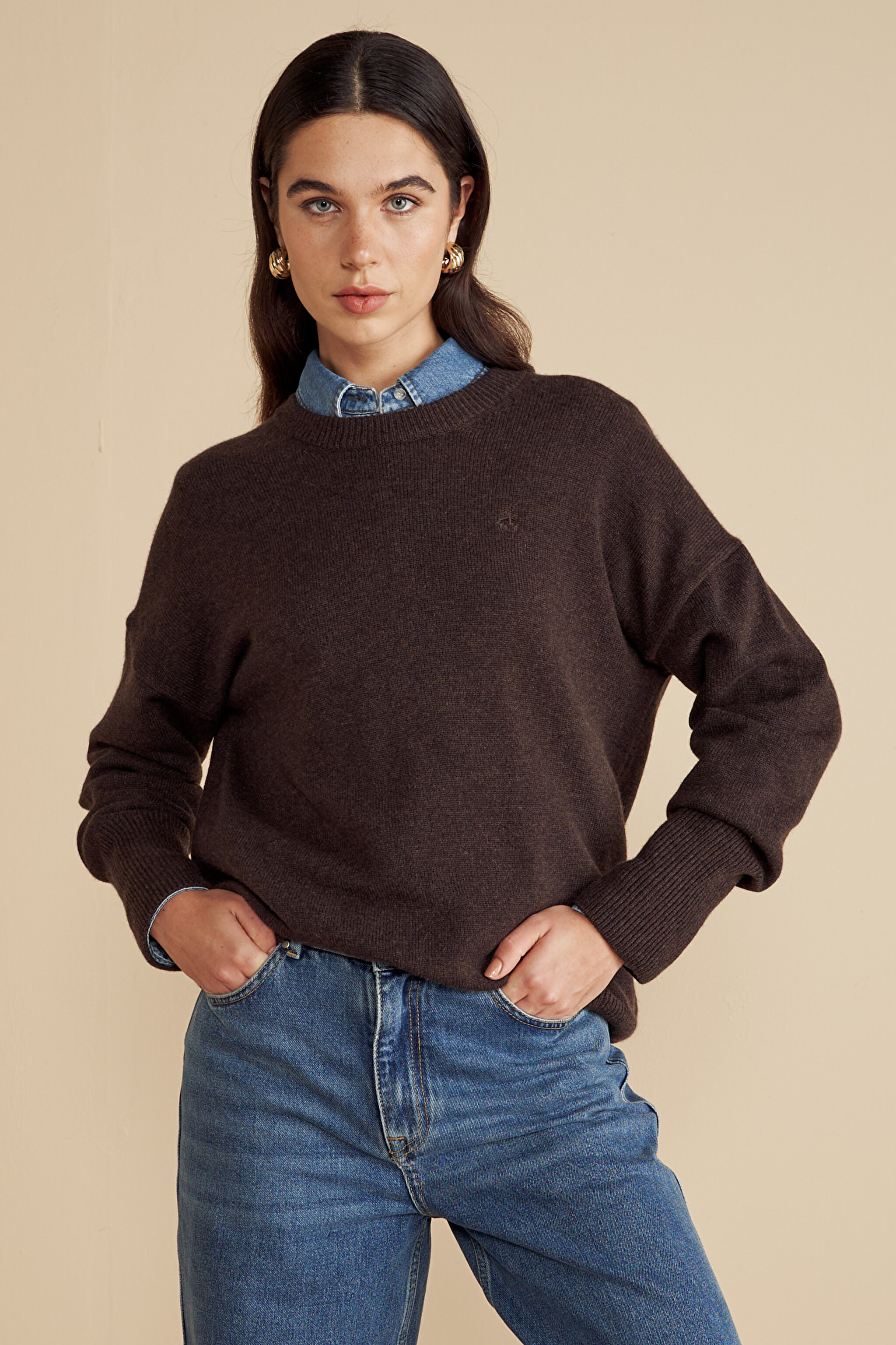%100 Kaşmir Bisiklet Yaka Oversize Kazak - Acı Kahverengi