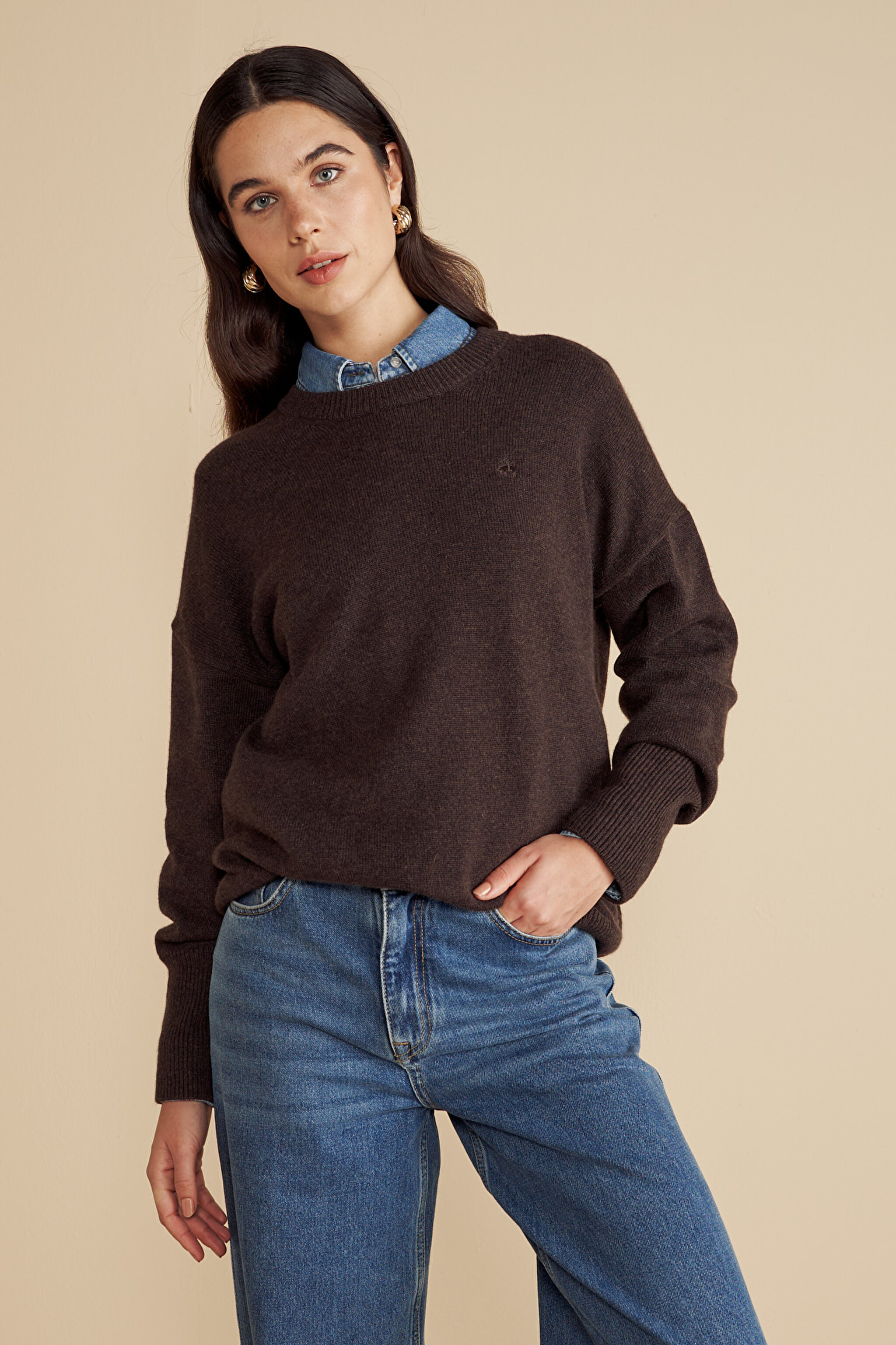 %100 Kaşmir Bisiklet Yaka Oversize Kazak - Acı Kahverengi (görsel 2)