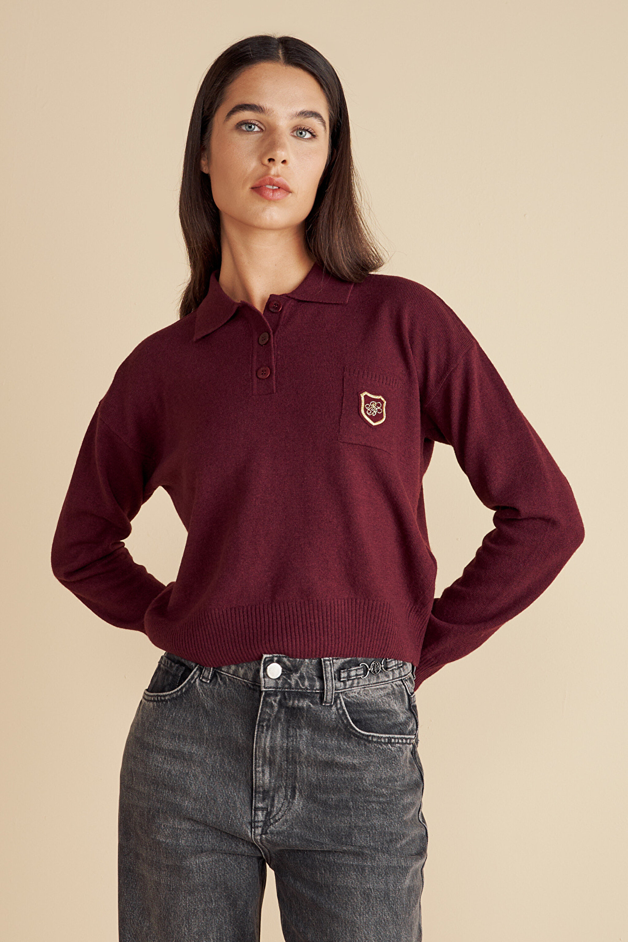 Yün Karışımlı Polo Yaka Peçli Kazak - Bordo (görsel 2)
