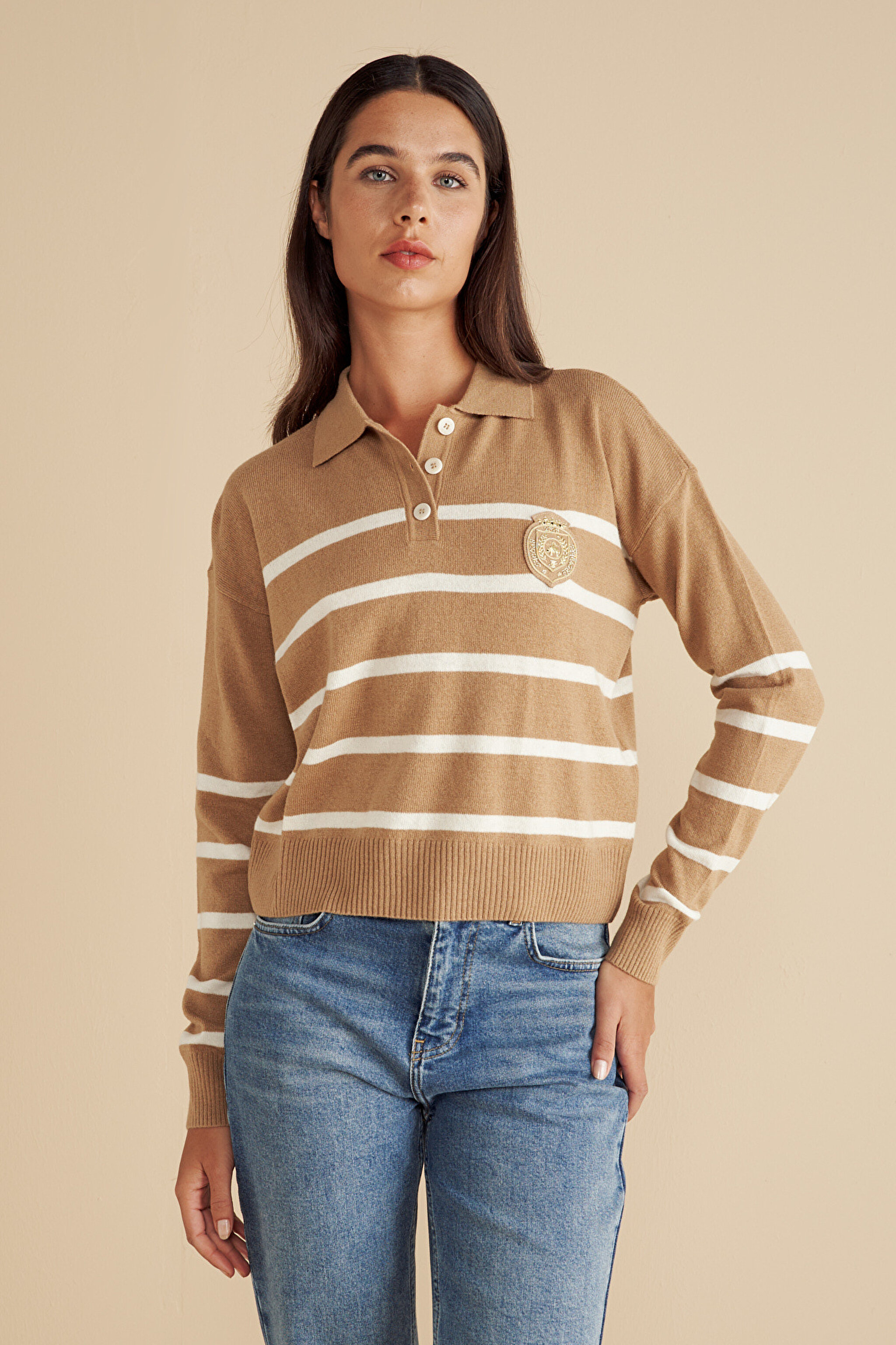 Yün Karışımlı Polo Yaka Çizgili Peçli Kazak - Camel-Ekru (görsel 2)