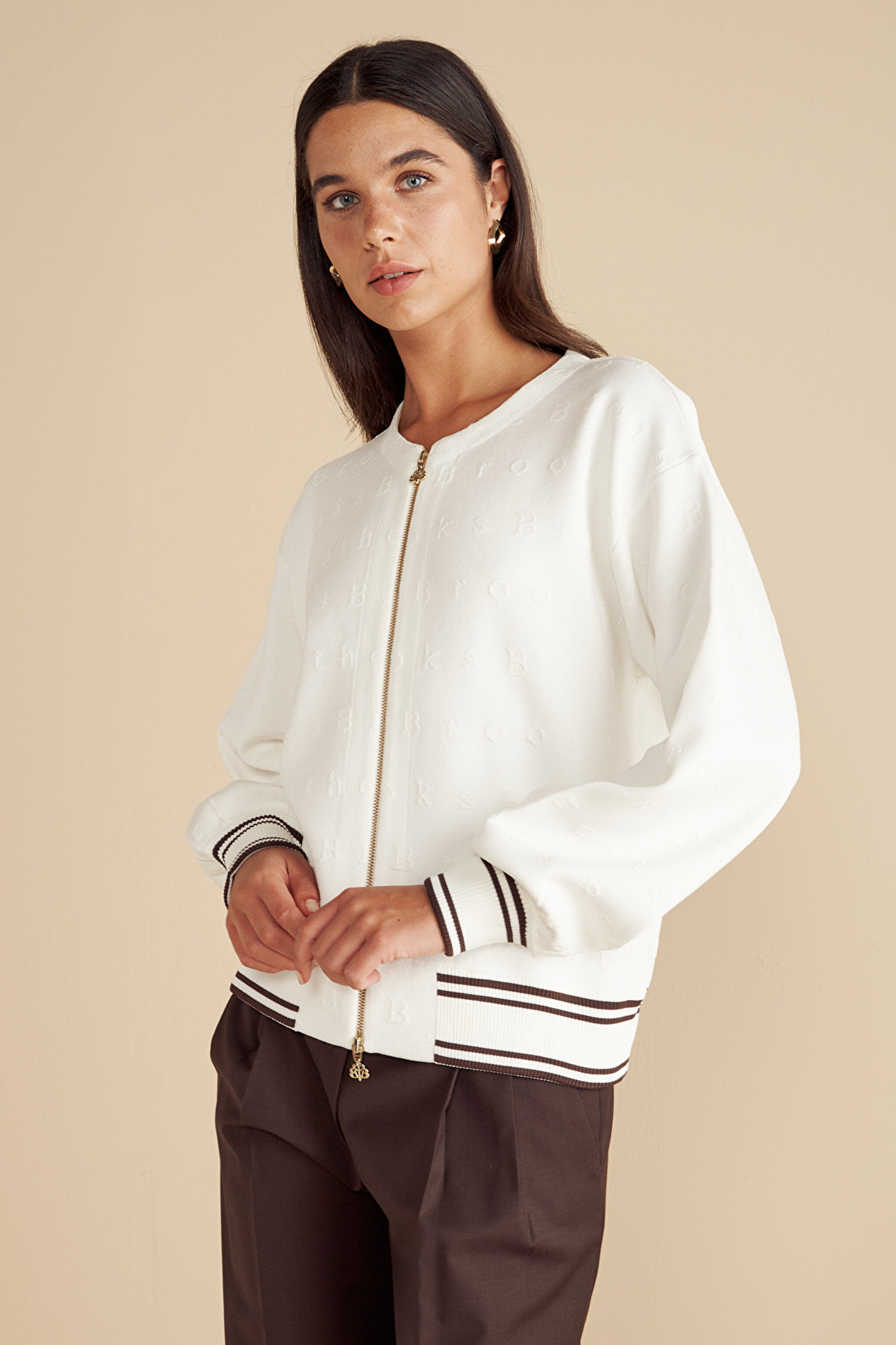 Brooks Brothers Desenli Fermuarlı Triko Mont - Kırık Beyaz