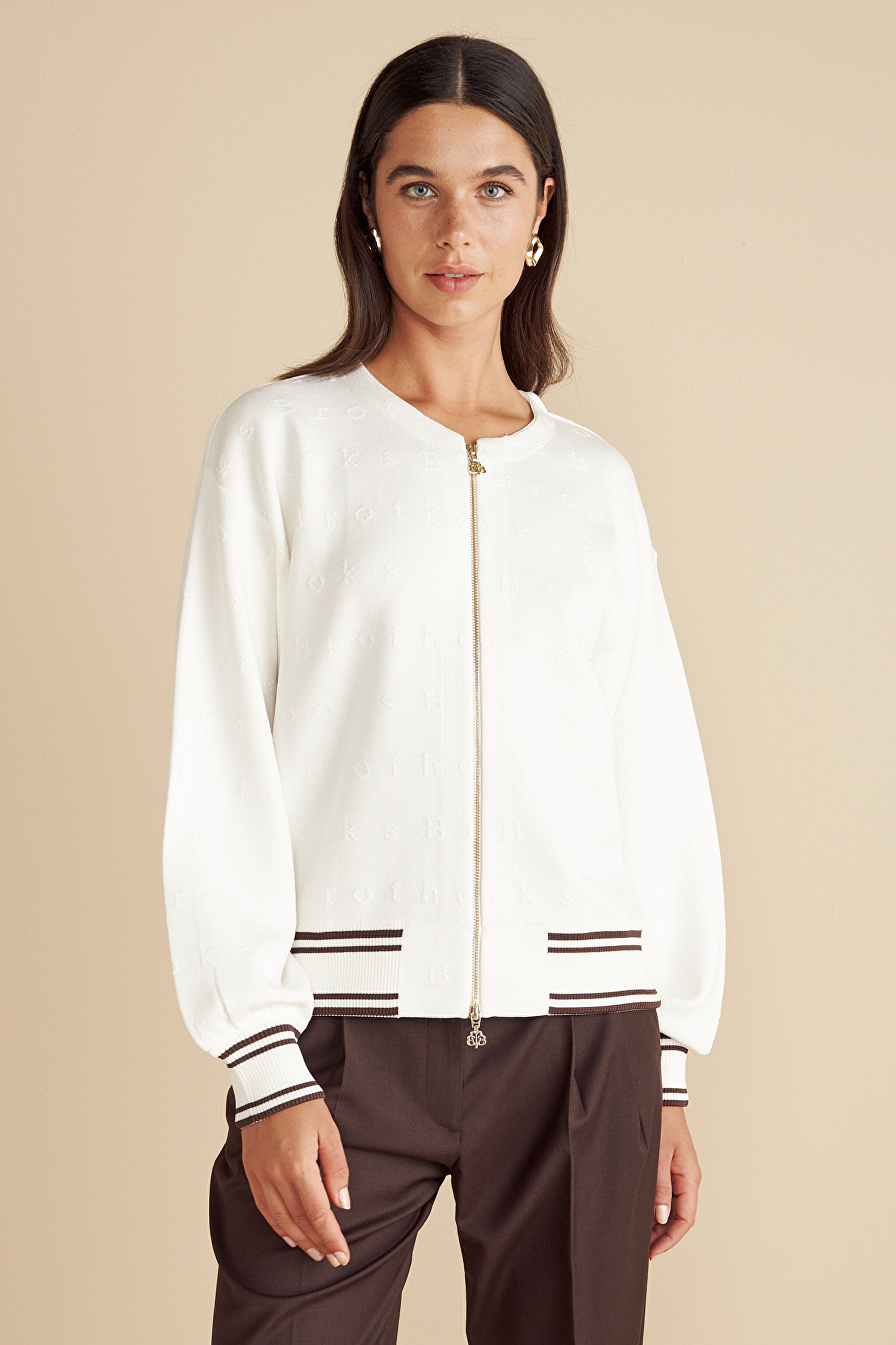Brooks Brothers Desenli Fermuarlı Triko Mont - Kırık Beyaz (görsel 2)