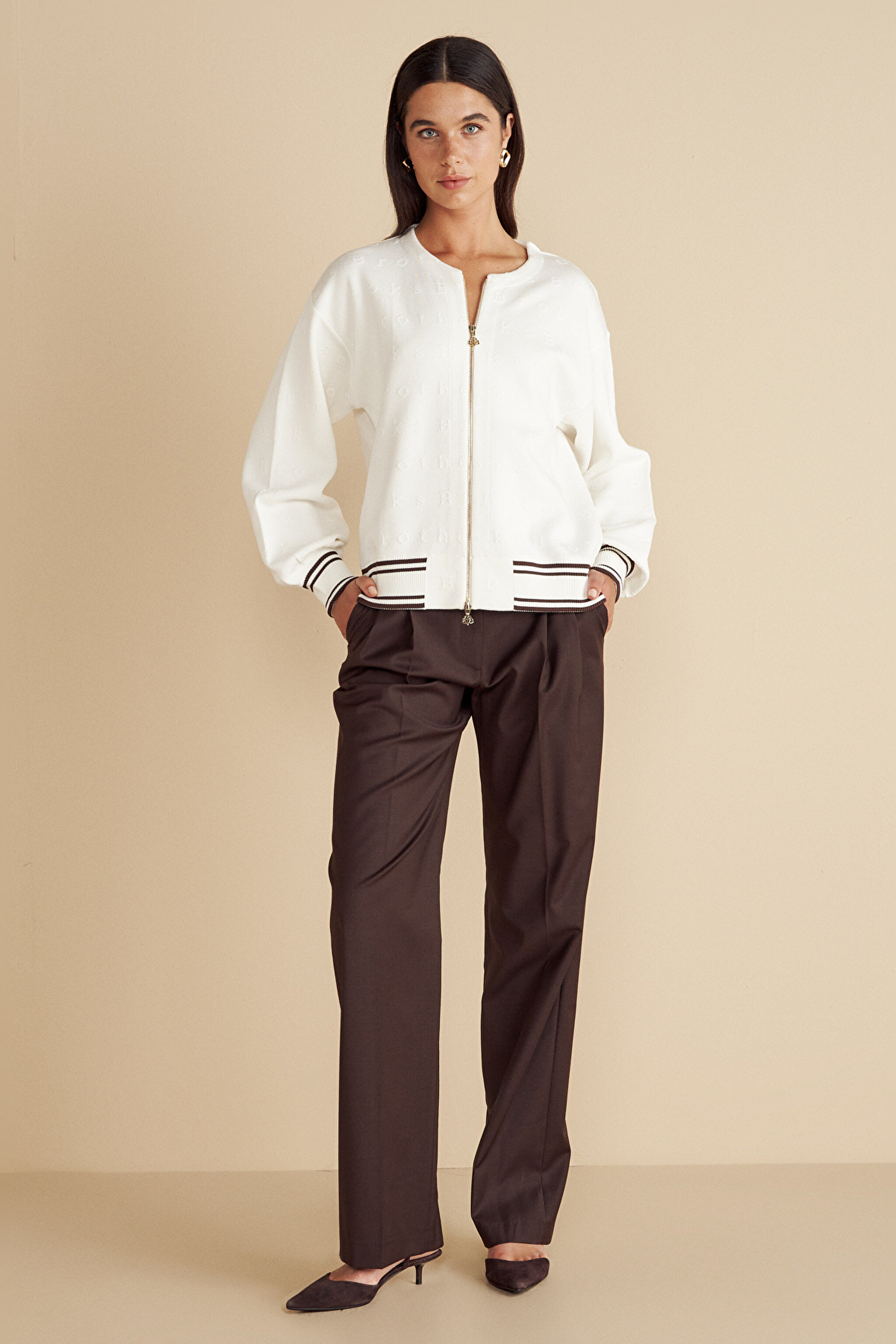 Brooks Brothers Desenli Fermuarlı Triko Mont - Kırık Beyaz (görsel 3)