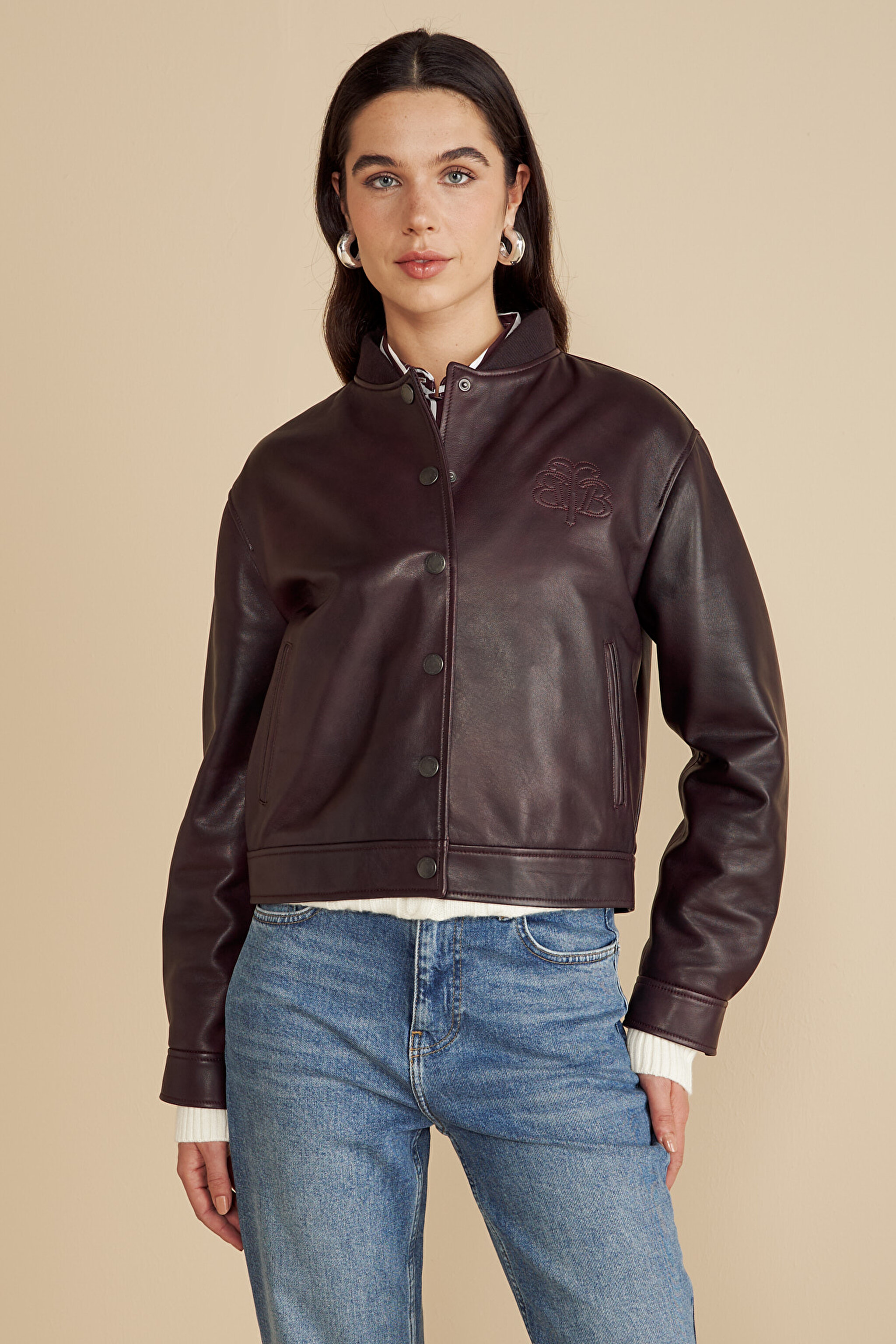 100% Deri Bomber Mont - Bordo