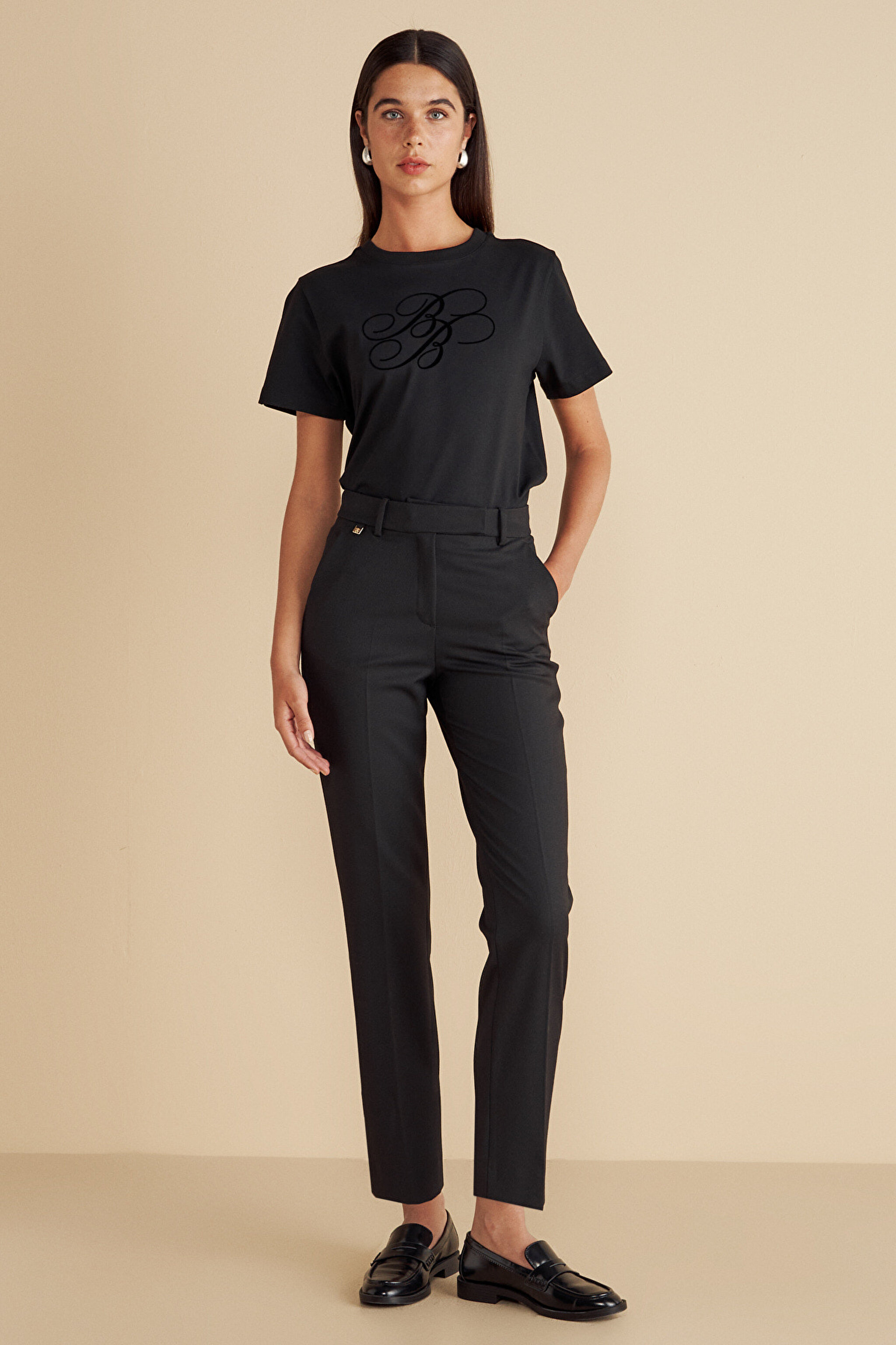Regular Fit Pileli Basic Pantolon - Siyah (görsel 2)
