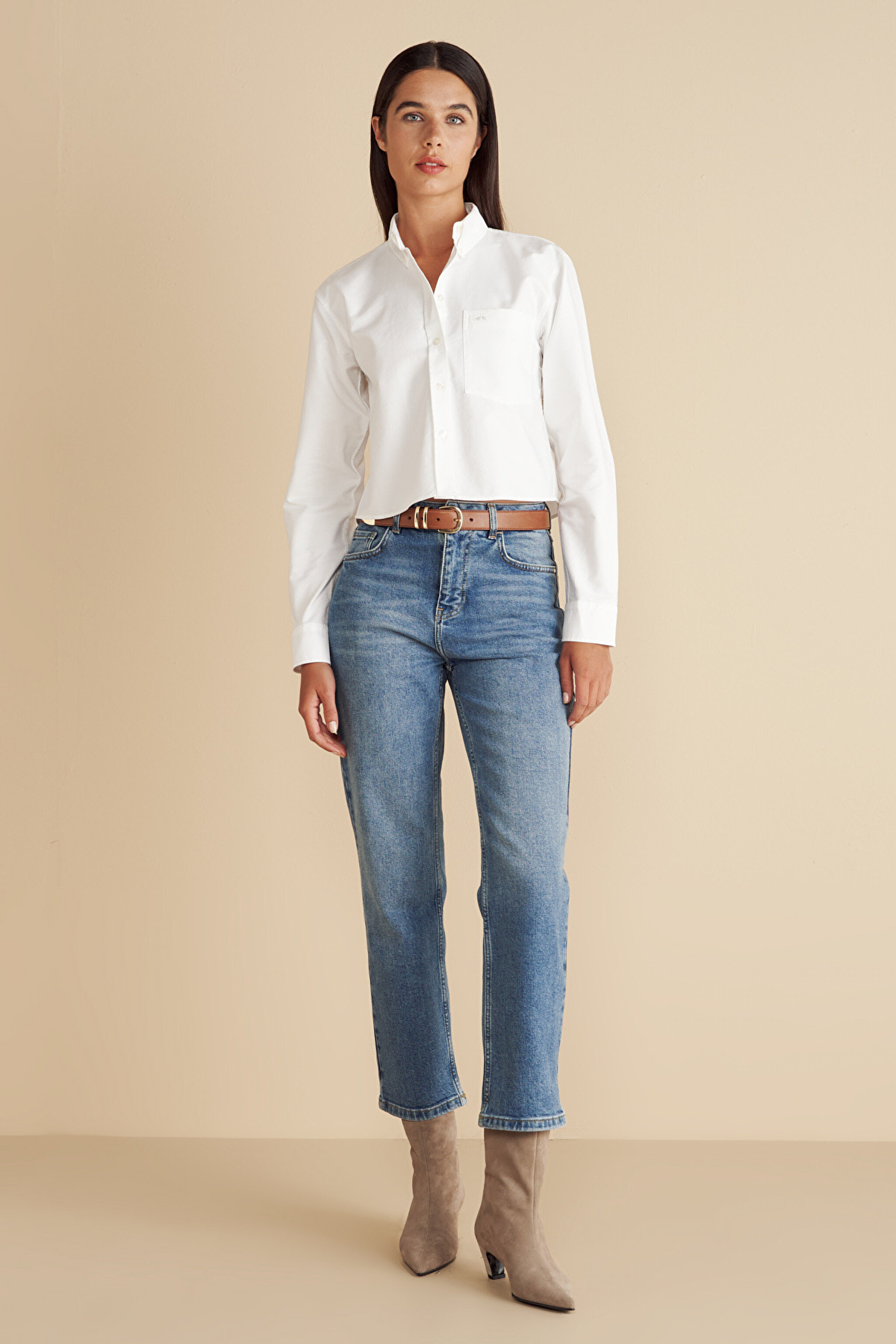 %100 Pamuk Logo Nakışlı Crop Oxford Gömlek - Beyaz (görsel 3)