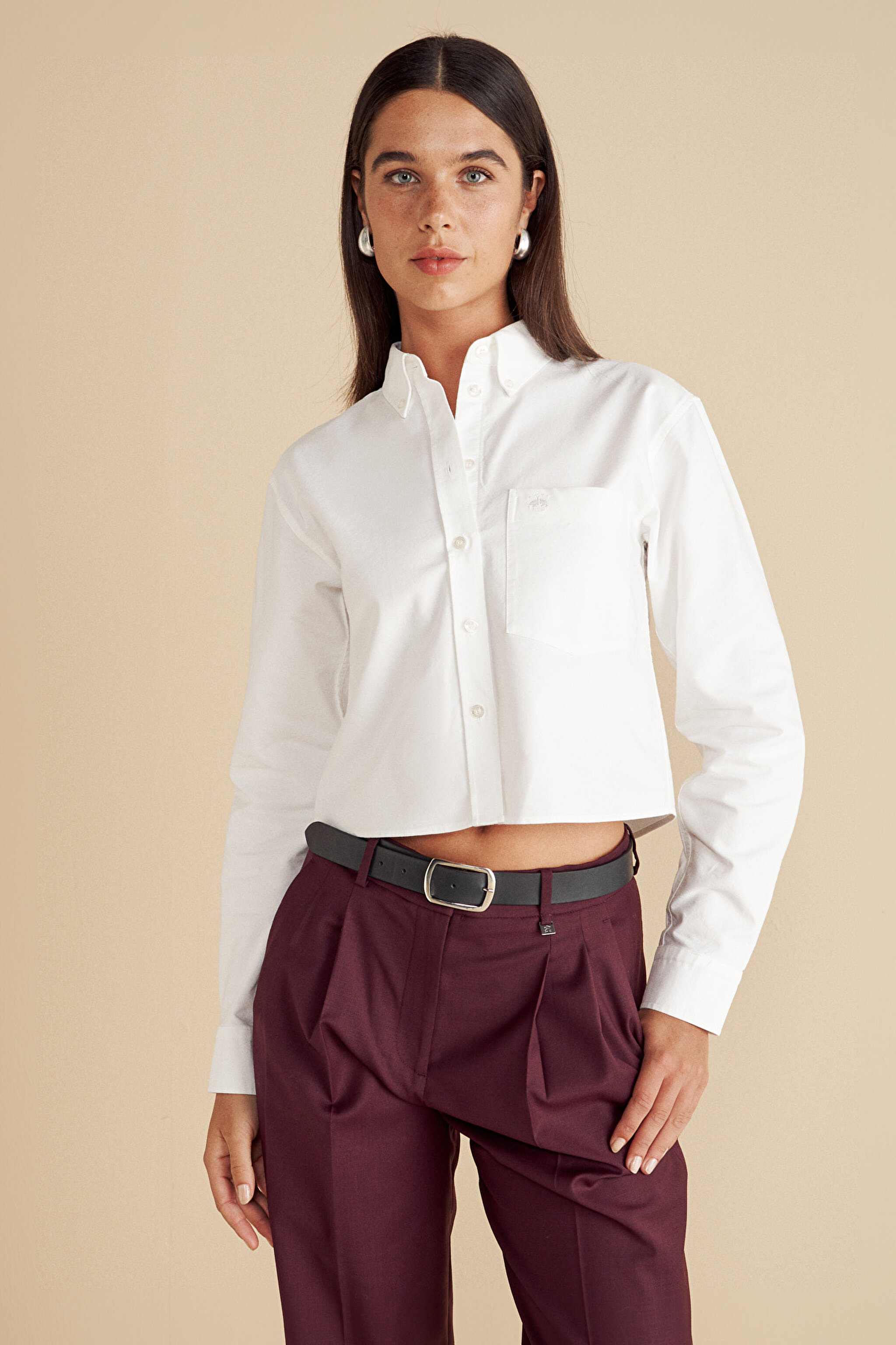 %100 Pamuk Logo Nakışlı Crop Oxford Gömlek - Beyaz (görsel 7)