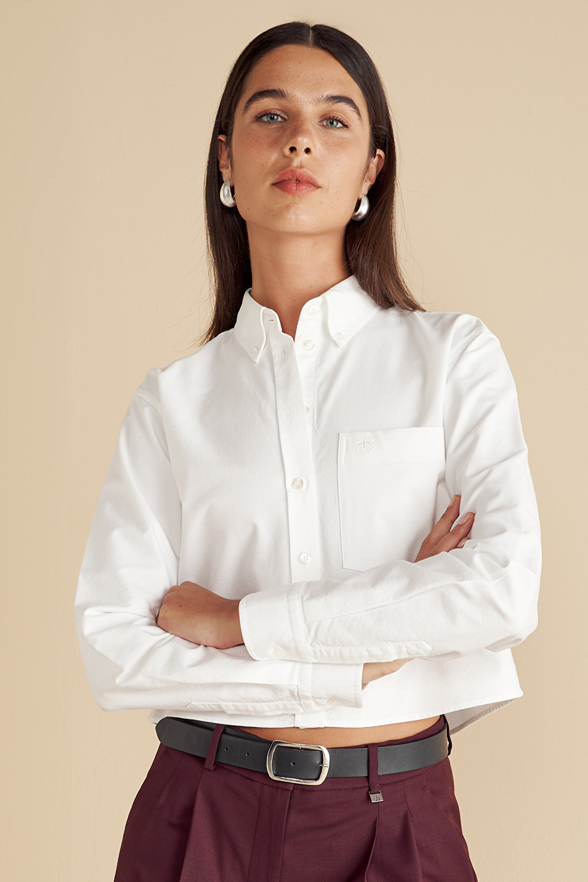 %100 Pamuk Logo Nakışlı Crop Oxford Gömlek - Beyaz (görsel 8)