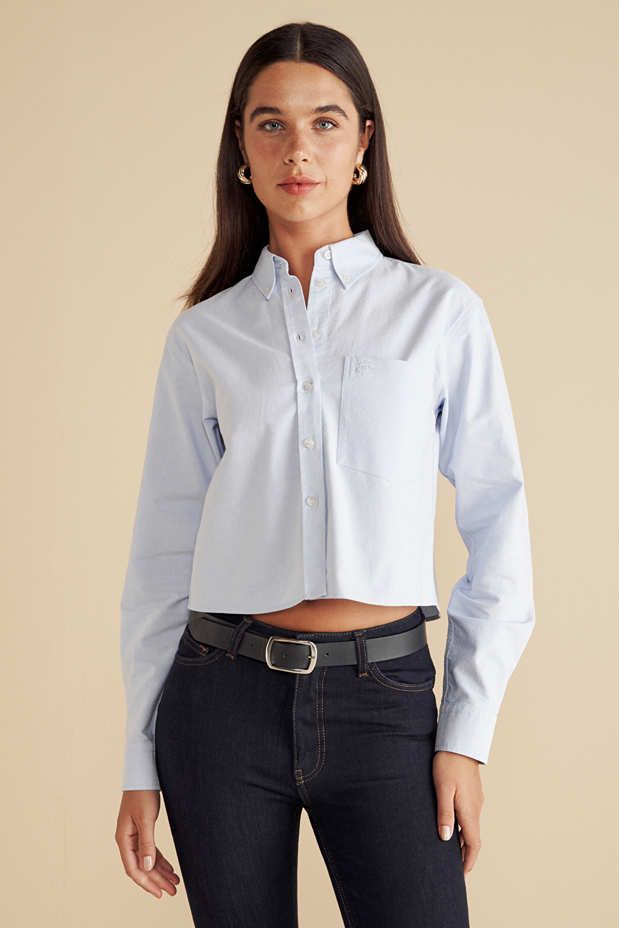 %100 Pamuk Logo Nakışlı Crop Oxford Gömlek - Mavi (görsel 2)