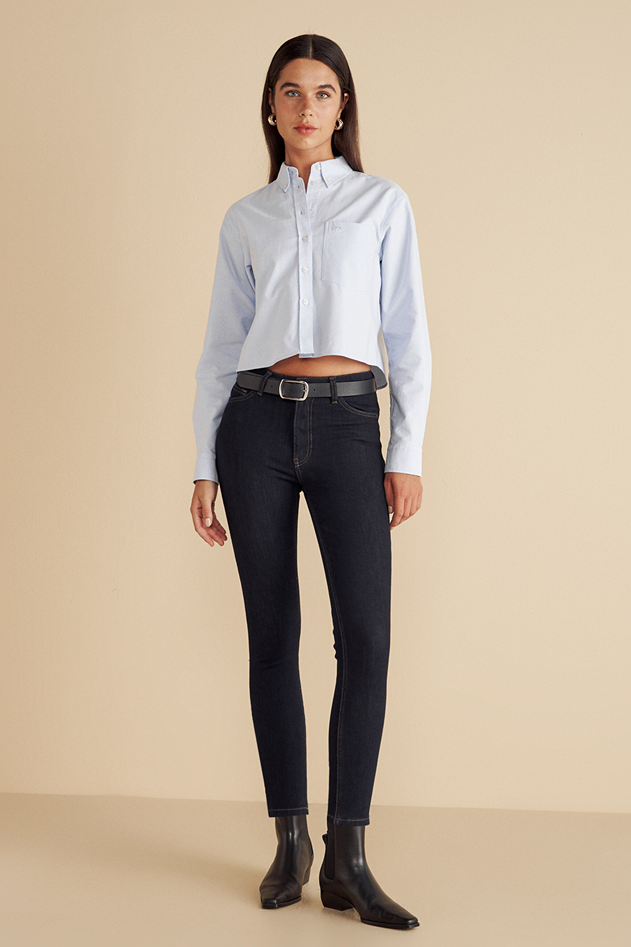 %100 Pamuk Logo Nakışlı Crop Oxford Gömlek - Mavi (görsel 3)