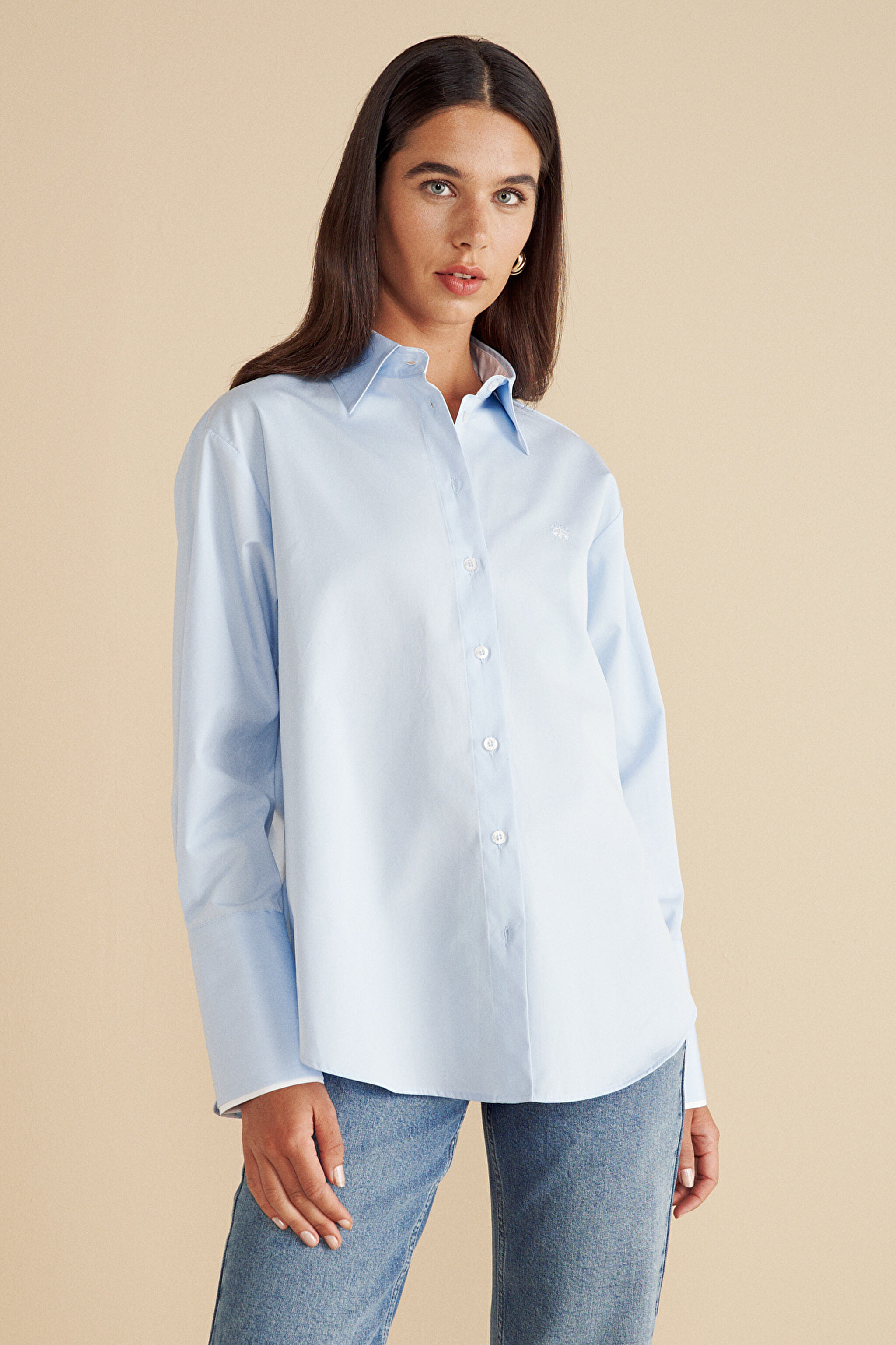 %100 Pamuk Kontrast Garnili Oversize Gömlek - Mavi