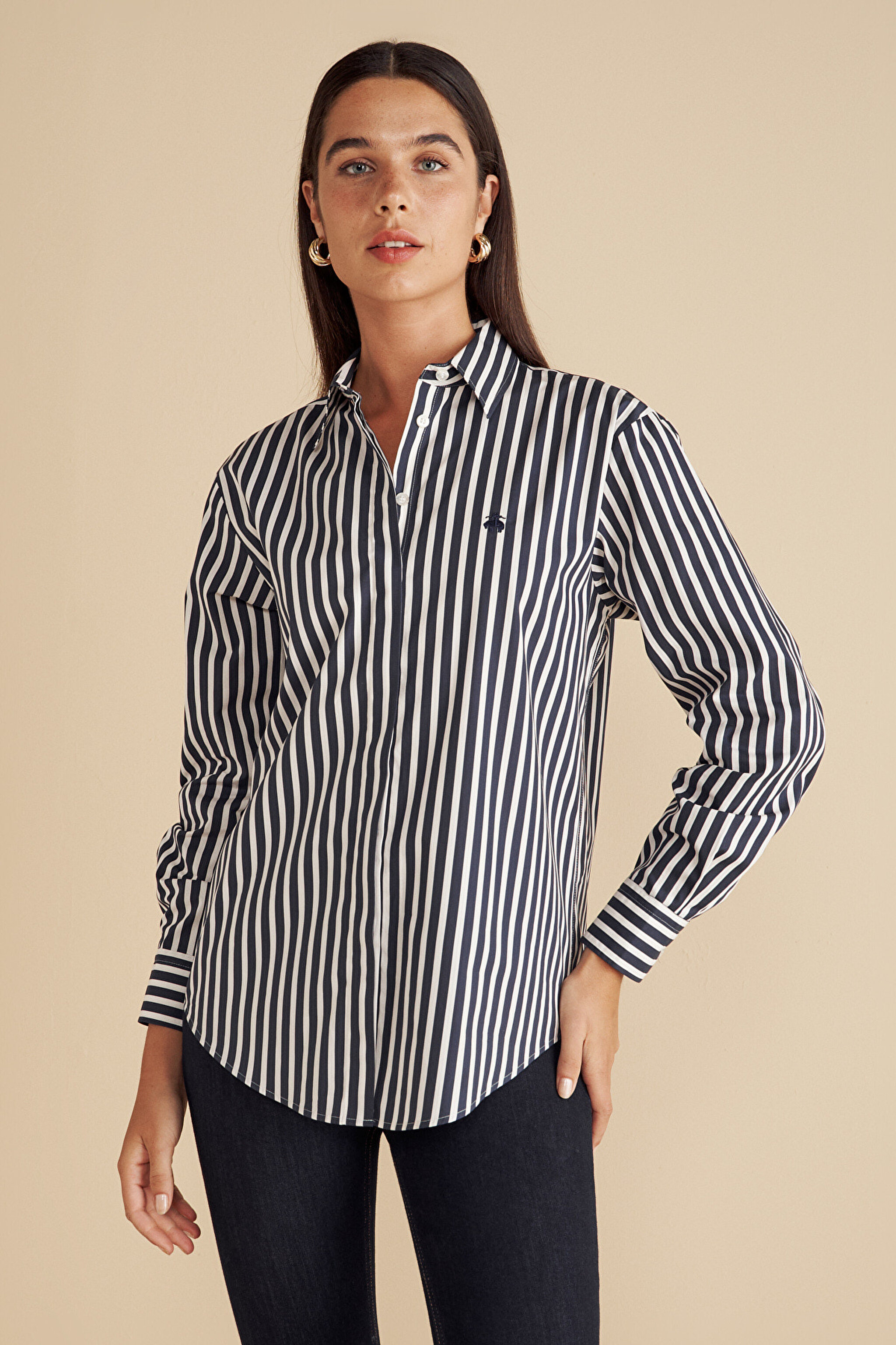 %100 Pamuk Çizgili Oversize Gömlek - Lacivert Çizgili