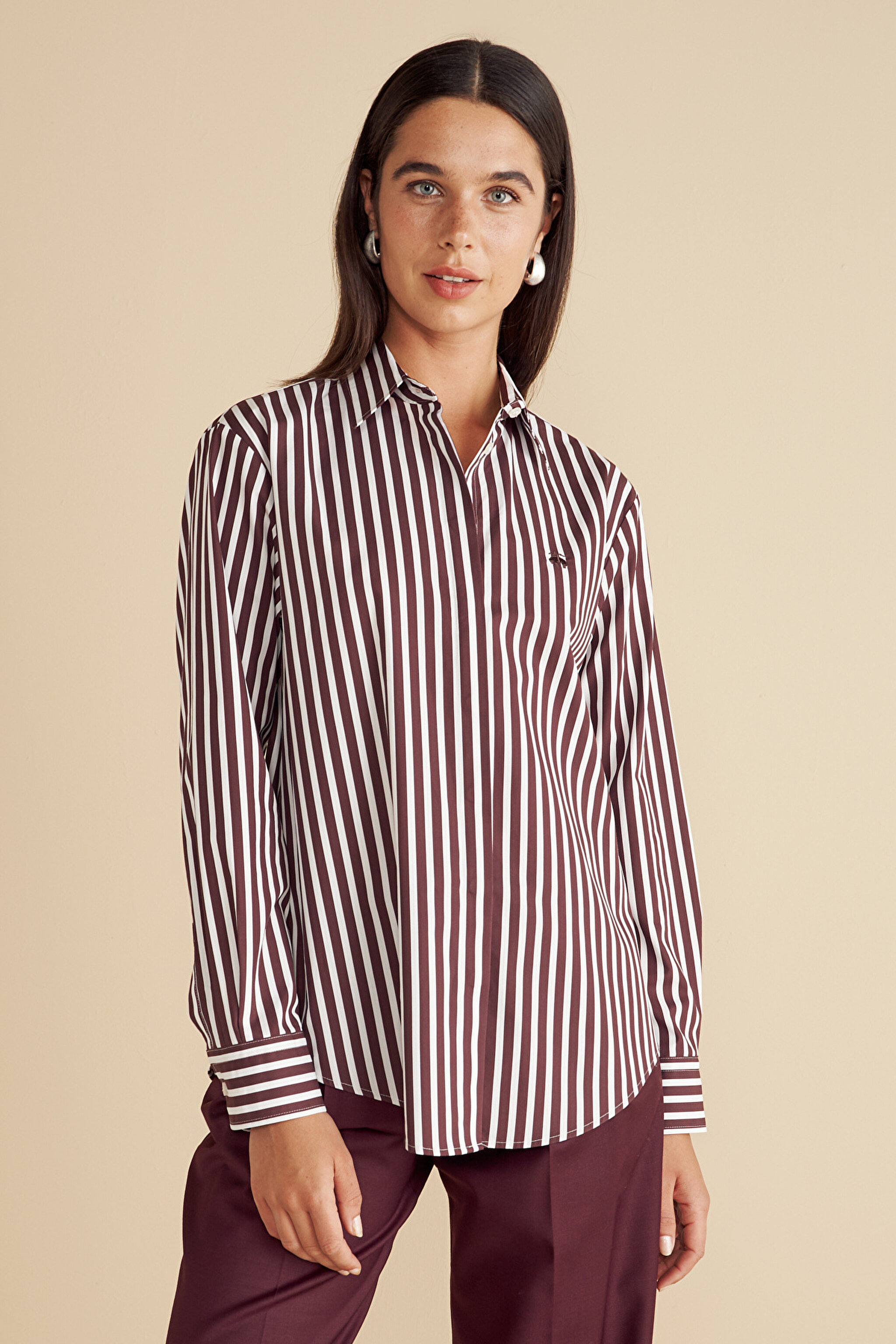 %100 Pamuk Çizgili Oversize Gömlek - Bordo Çizgili