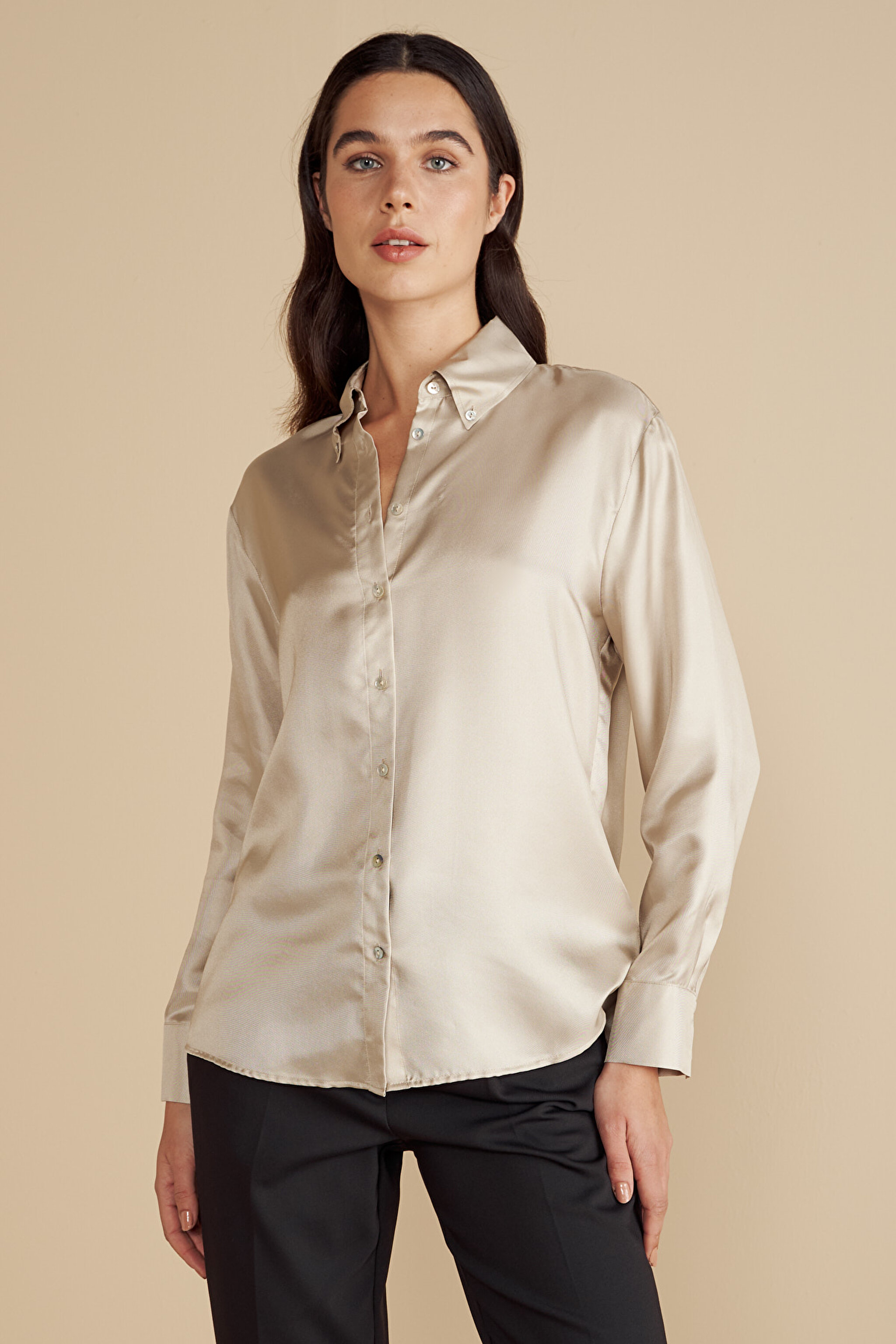 %100 İpek Twill  Gömlek - Taş