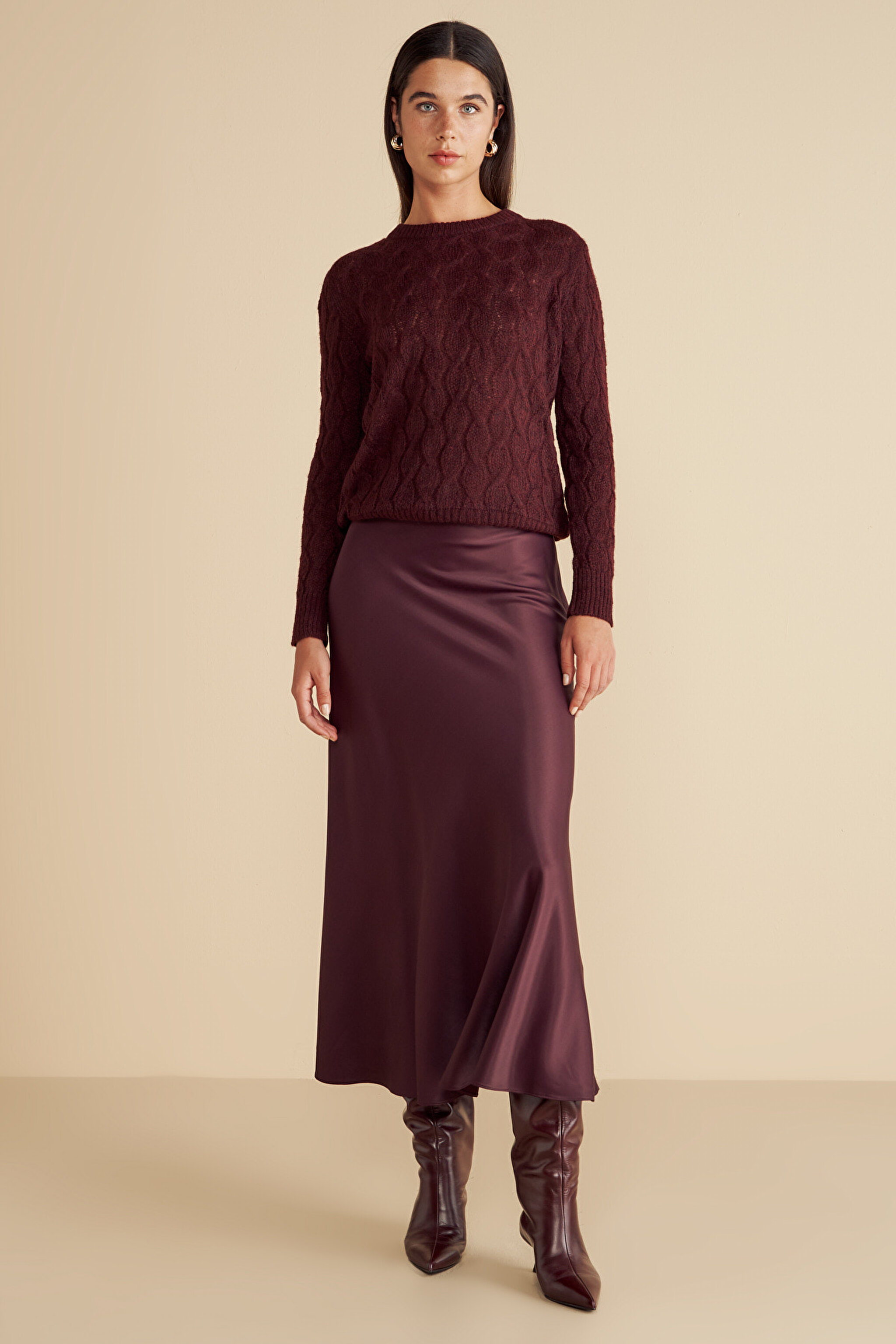 Midi Boy Saten Etek - Bordo
