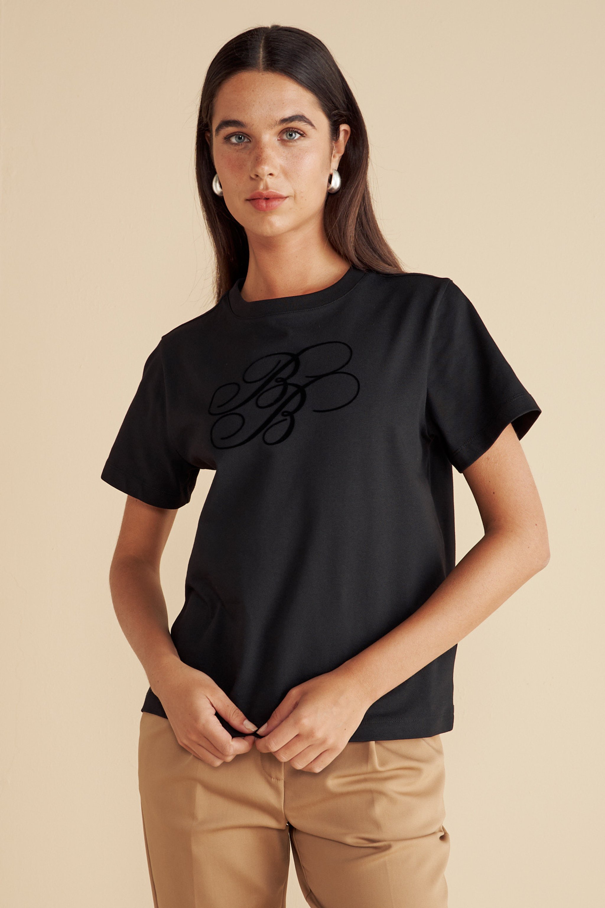 %100 Pamuk  Bisiklet Yaka Flok Baskılı T-shirt - Siyah (görsel 2)